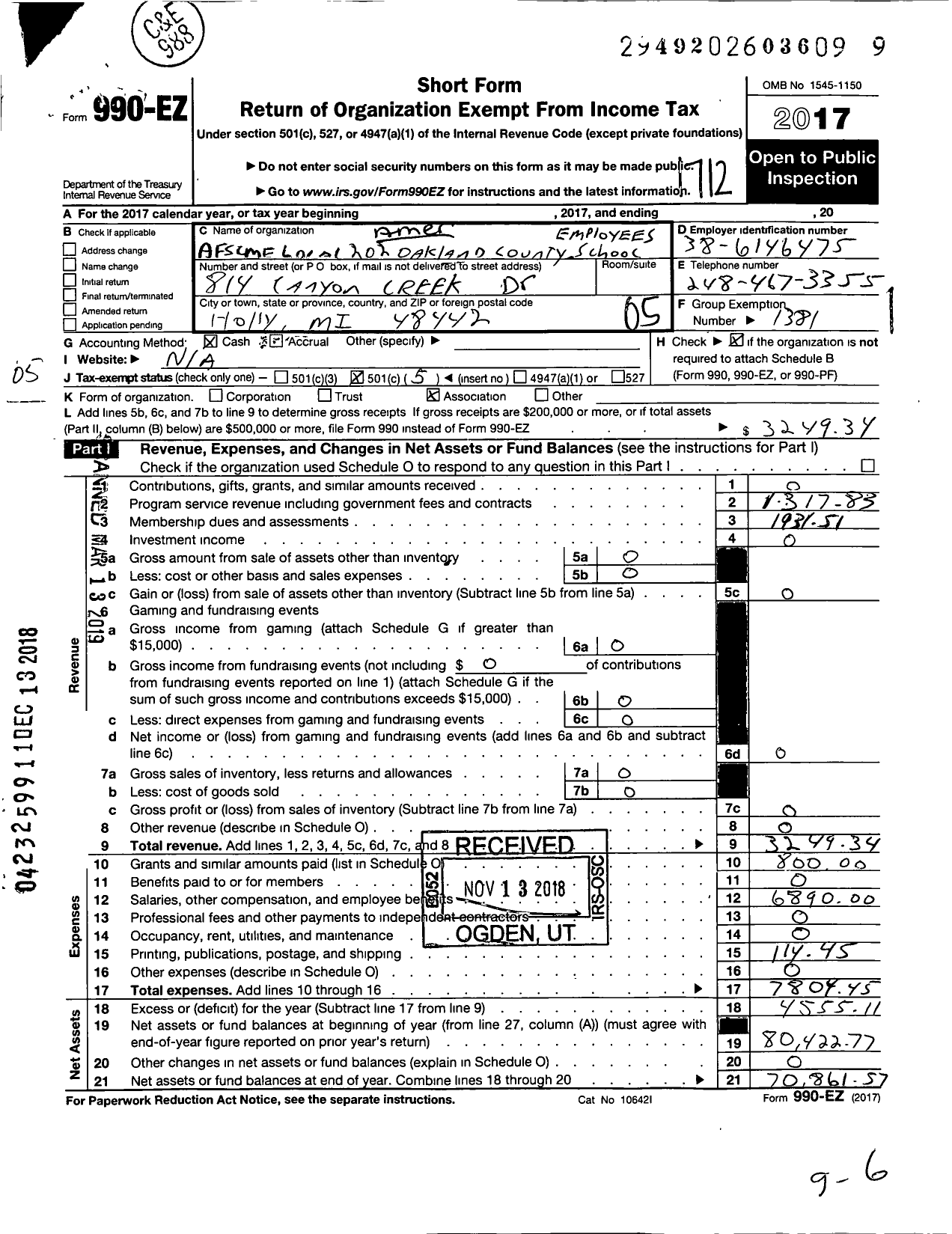 Image of first page of 2017 Form 990EO for American Federation of State County & Municipal Employees - L0202mi Oakland Co School Employees