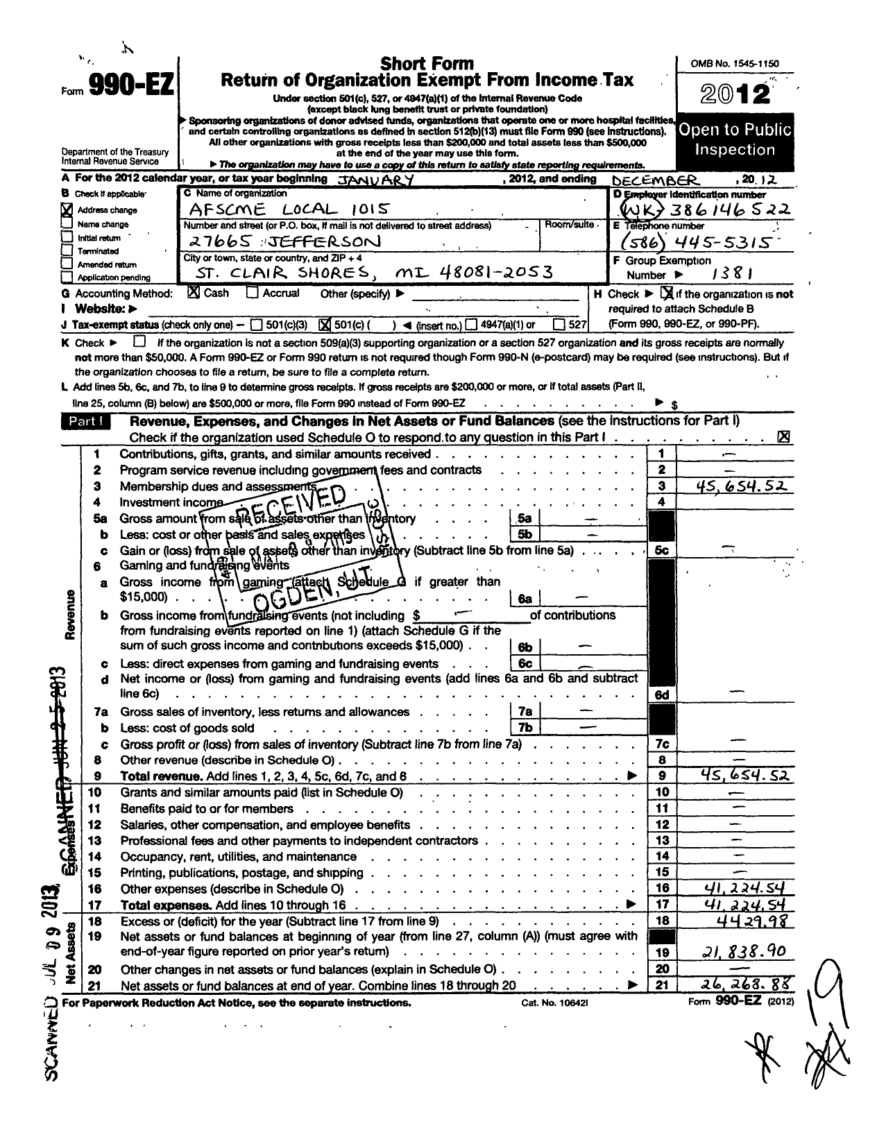 Image of first page of 2012 Form 990EO for American Federation of State County and Municipal Employees