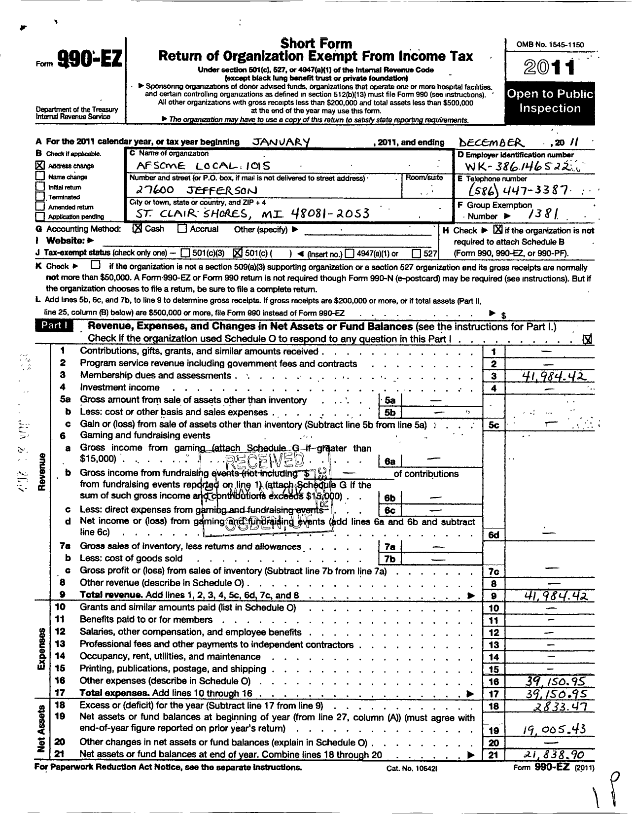 Image of first page of 2011 Form 990EO for American Federation of State County and Municipal Employees