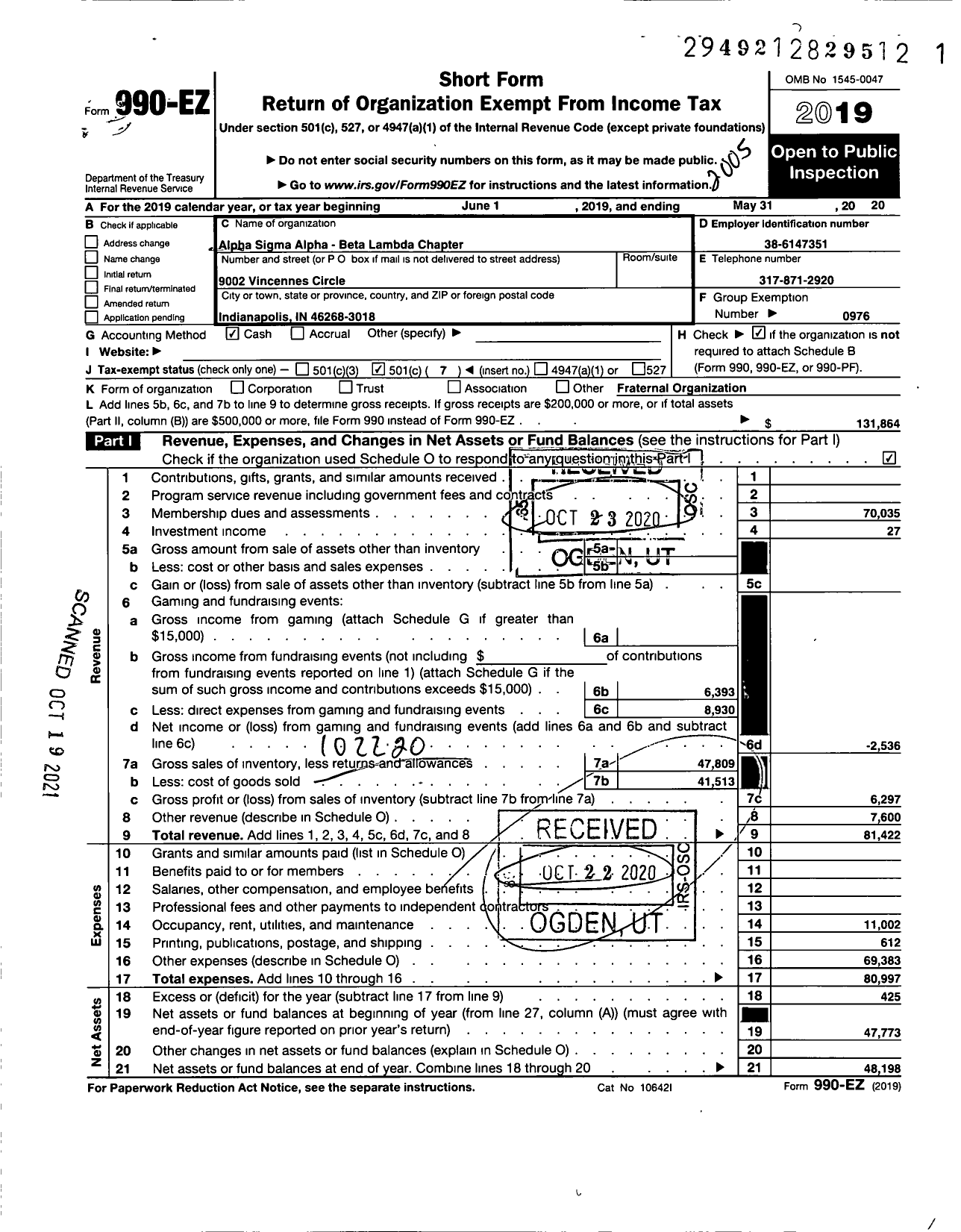 Image of first page of 2019 Form 990EO for ALPHA SIGMA ALPHA SORORITY Beta Lambda Chapter