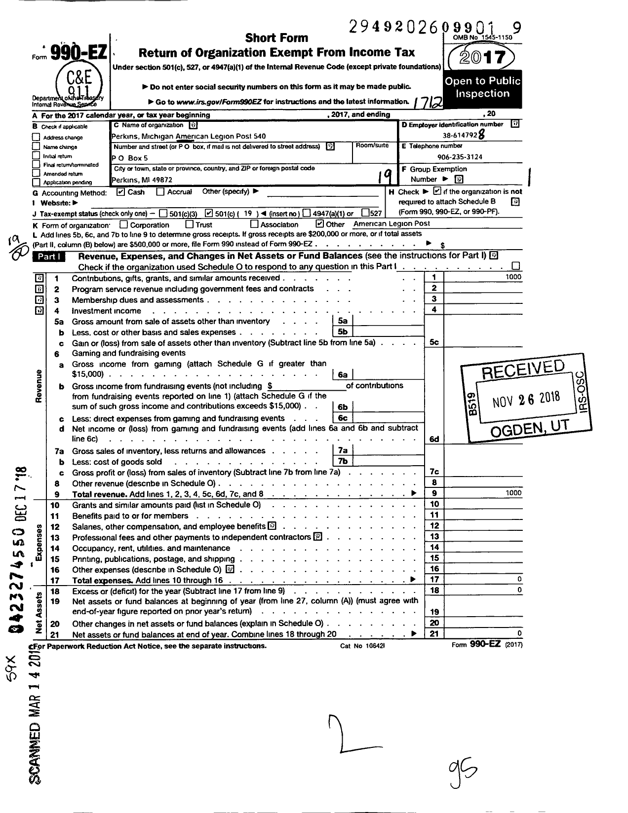 Image of first page of 2017 Form 990EO for American Legion - 0540 Perkins