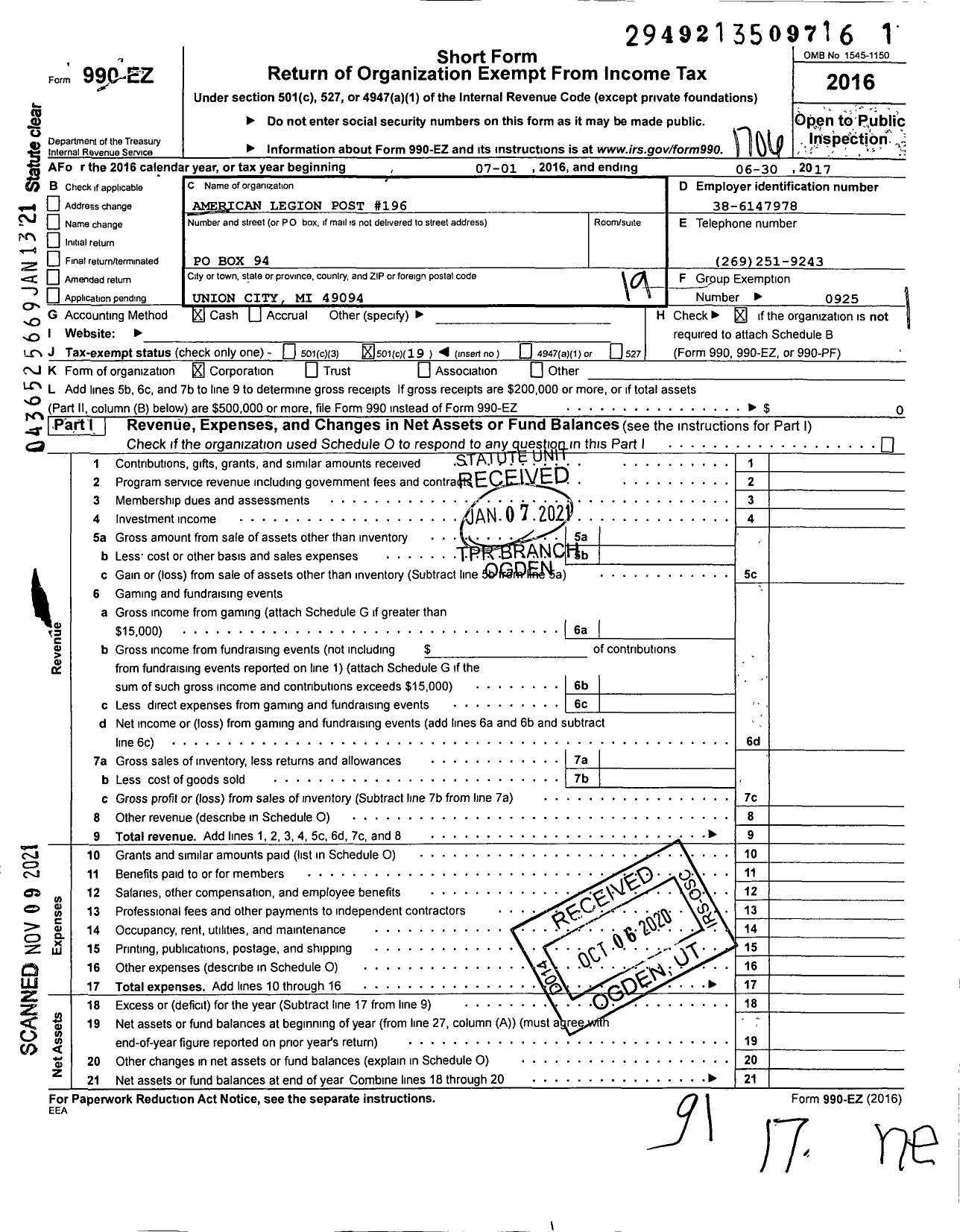 Image of first page of 2016 Form 990EO for American Legion Post 196