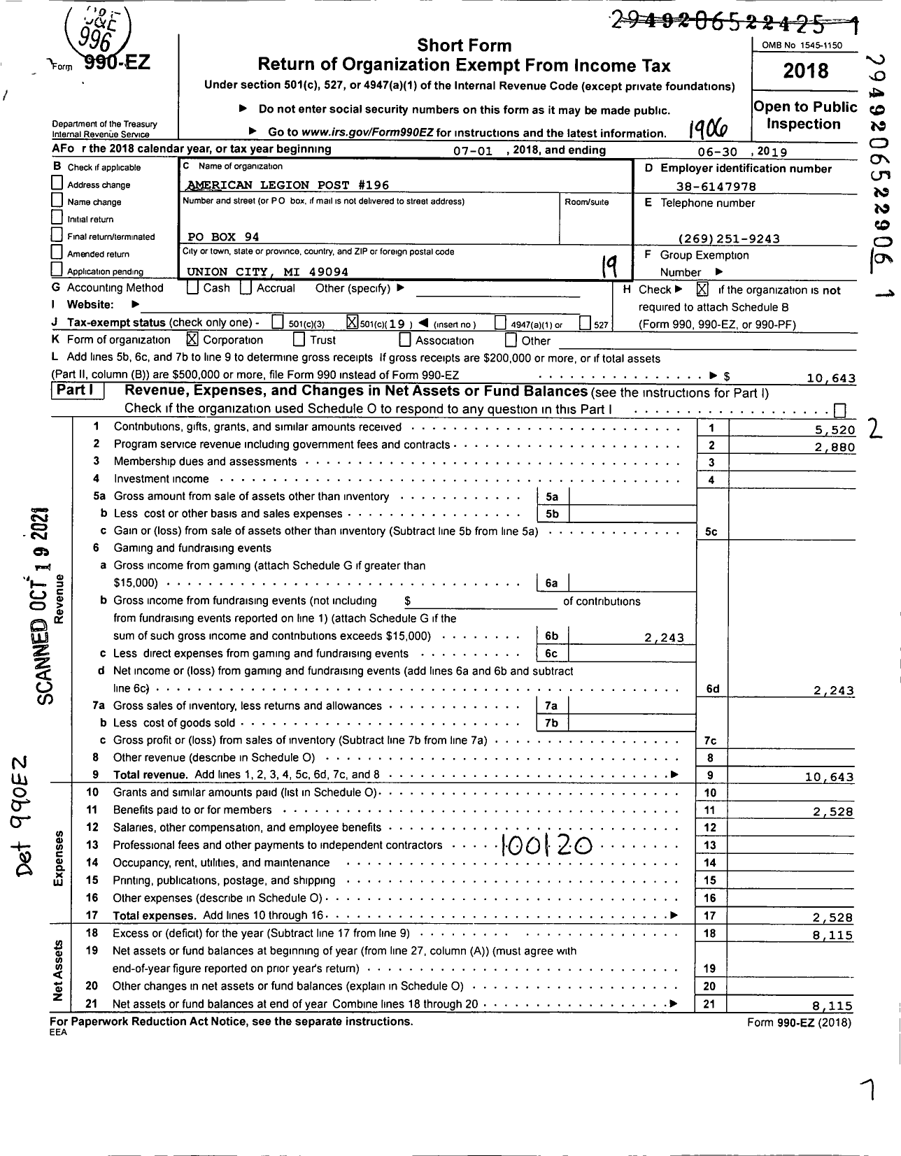 Image of first page of 2018 Form 990EO for American Legion Post 196