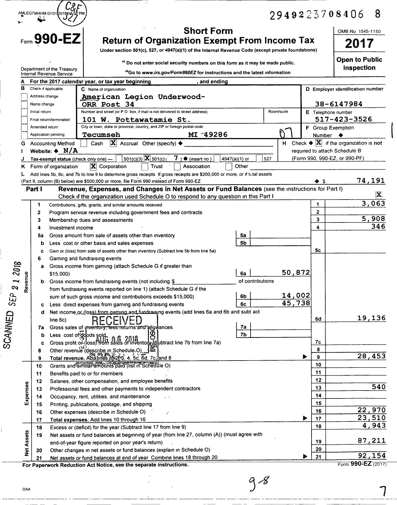 Image of first page of 2017 Form 990EO for American Legion Underwood Orr Post 34