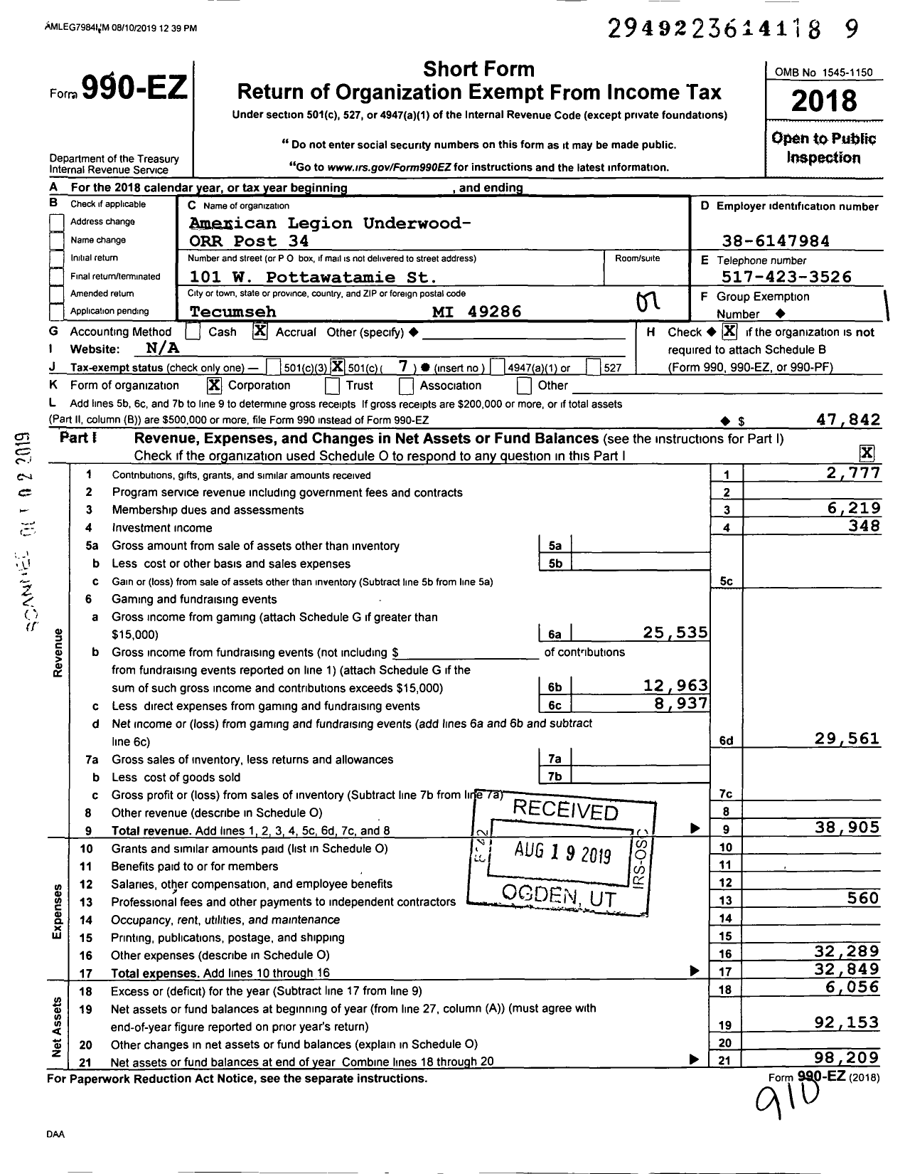 Image of first page of 2018 Form 990EO for American Legion Underwood Orr Post 34