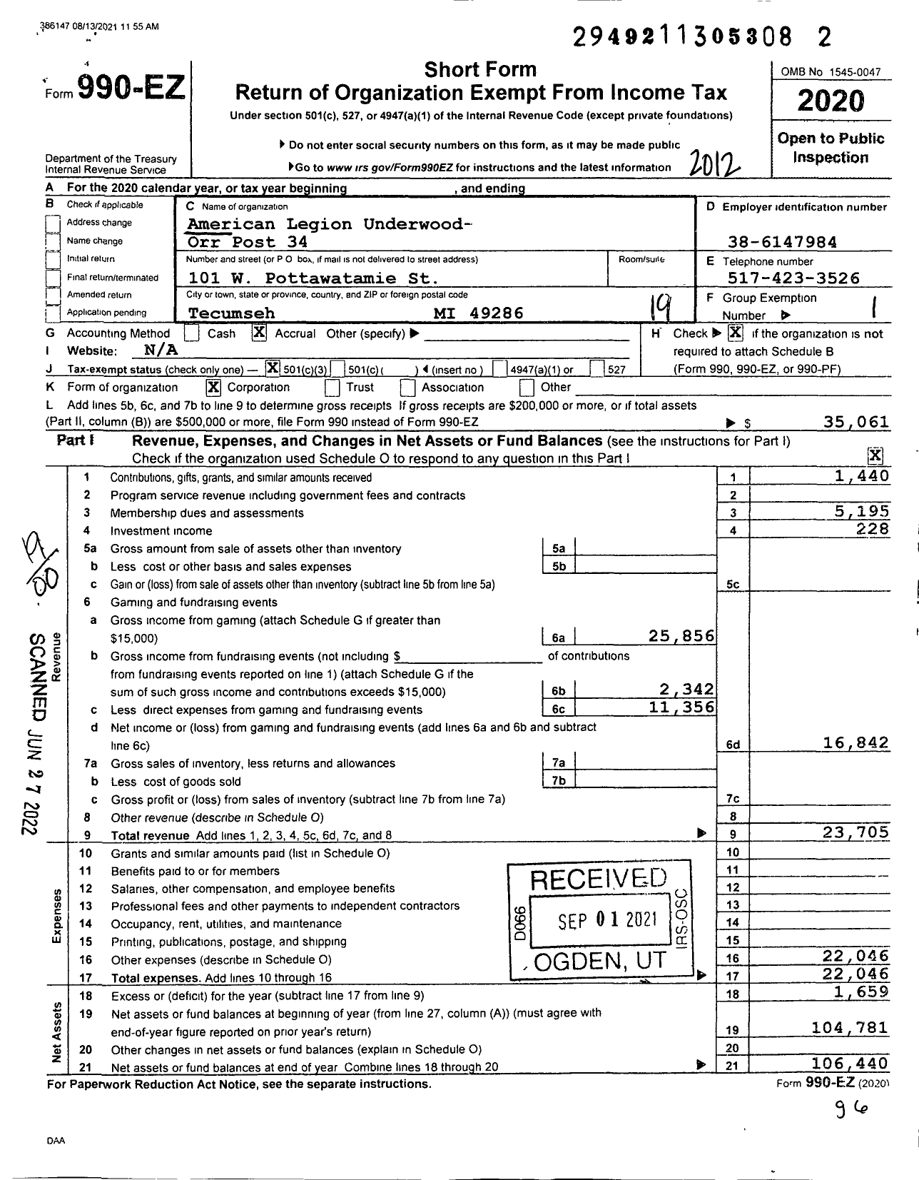 Image of first page of 2020 Form 990EO for American Legion Underwood Orr Post 34