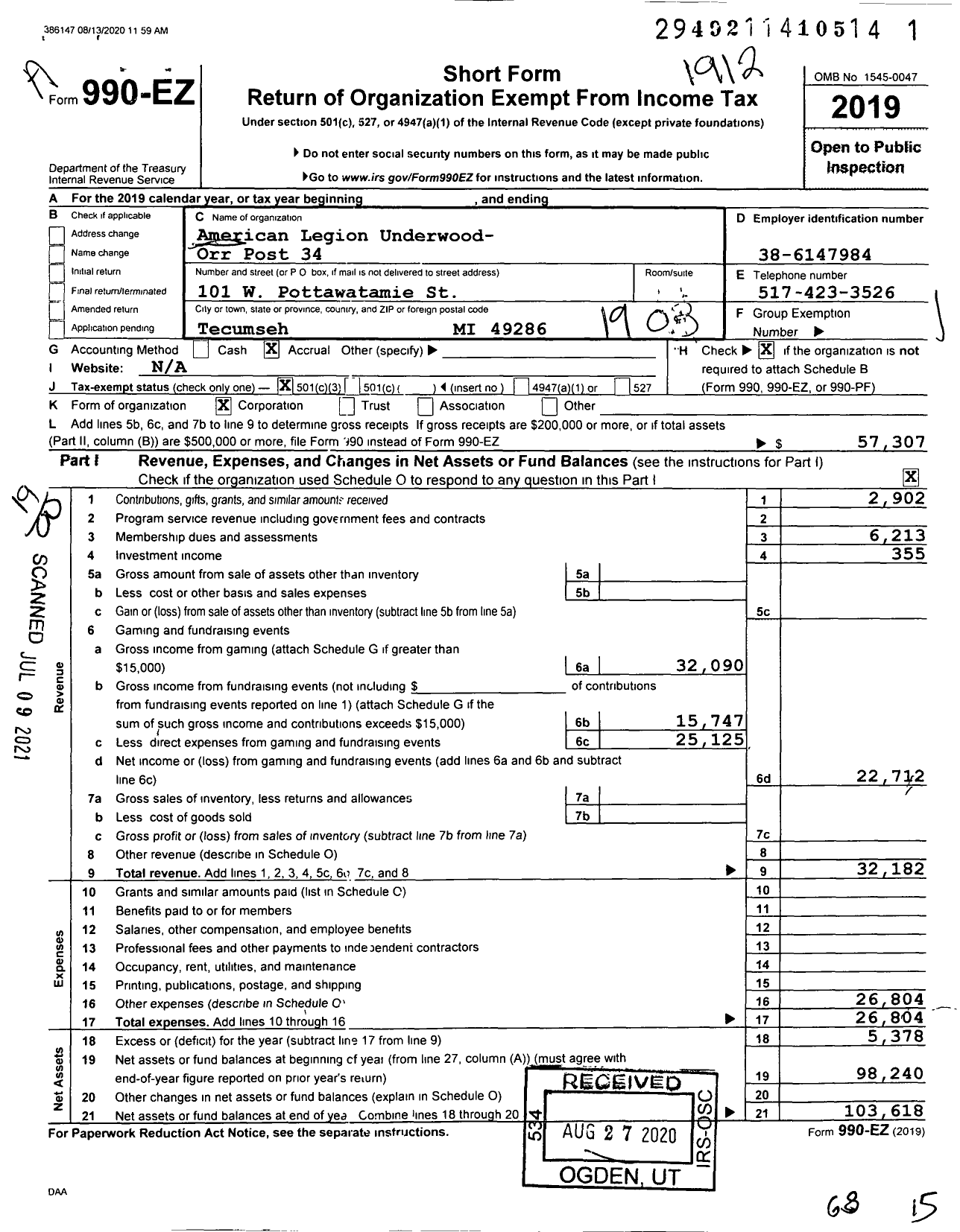 Image of first page of 2019 Form 990EO for American Legion Underwood Orr Post 34