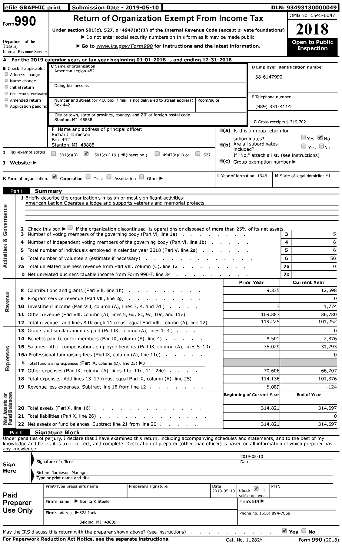 Image of first page of 2018 Form 990 for American Legion - Post 452 Stanton