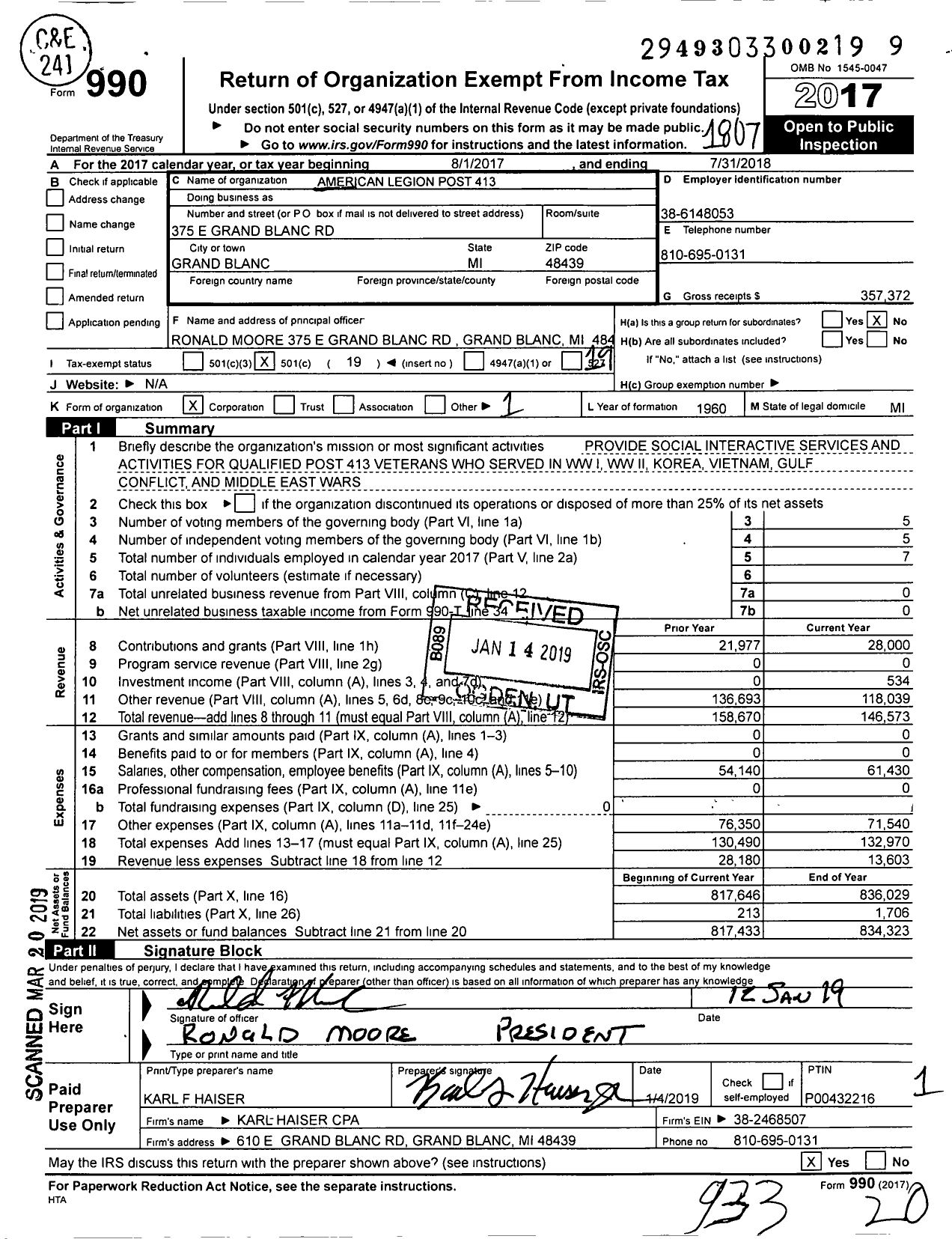 Image of first page of 2017 Form 990O for American Legion Post 413
