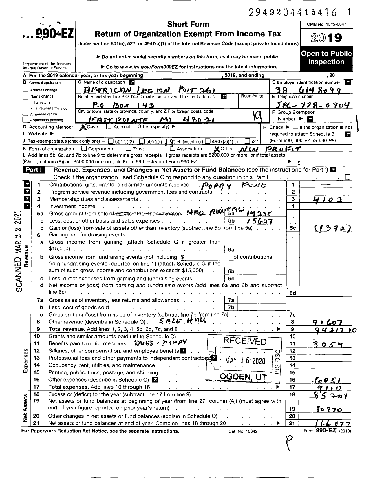 Image of first page of 2019 Form 990EO for American Legion - 0261 East Detroit Roseville