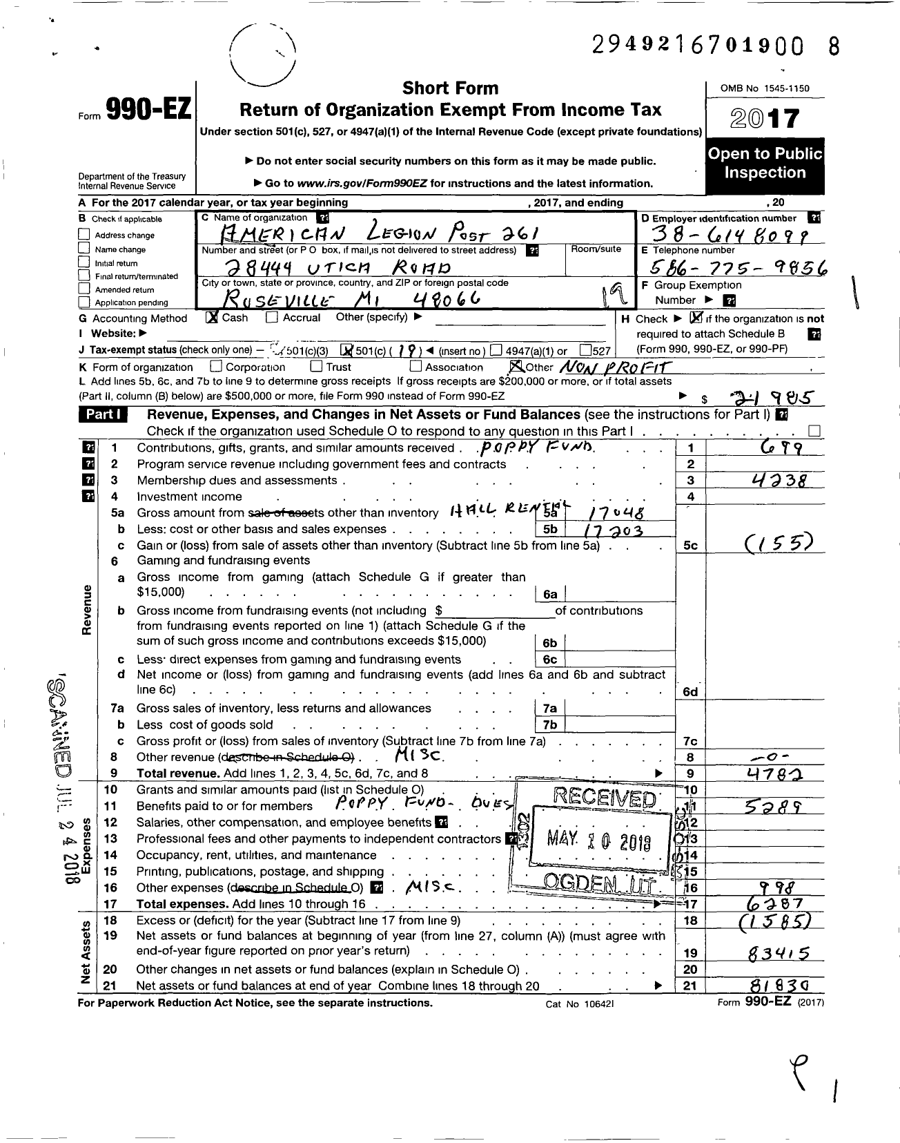 Image of first page of 2017 Form 990EO for American Legion - 0261 East Detroit Roseville