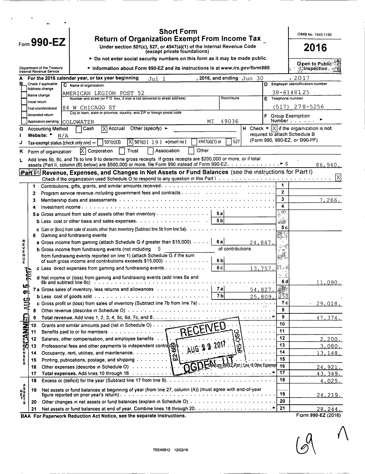 Image of first page of 2016 Form 990EO for American Legion Post 52 / 52 Coldwater