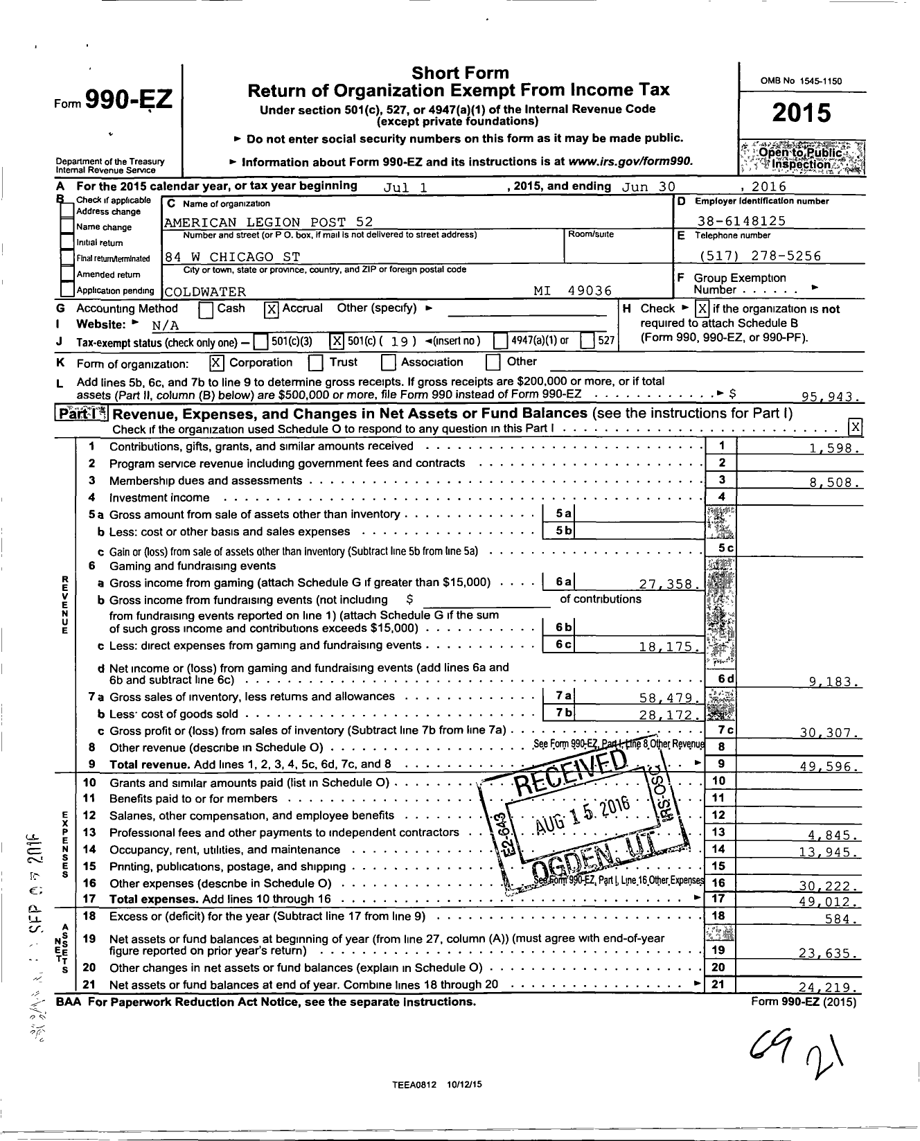 Image of first page of 2015 Form 990EO for American Legion Post 52 / 52 Coldwater