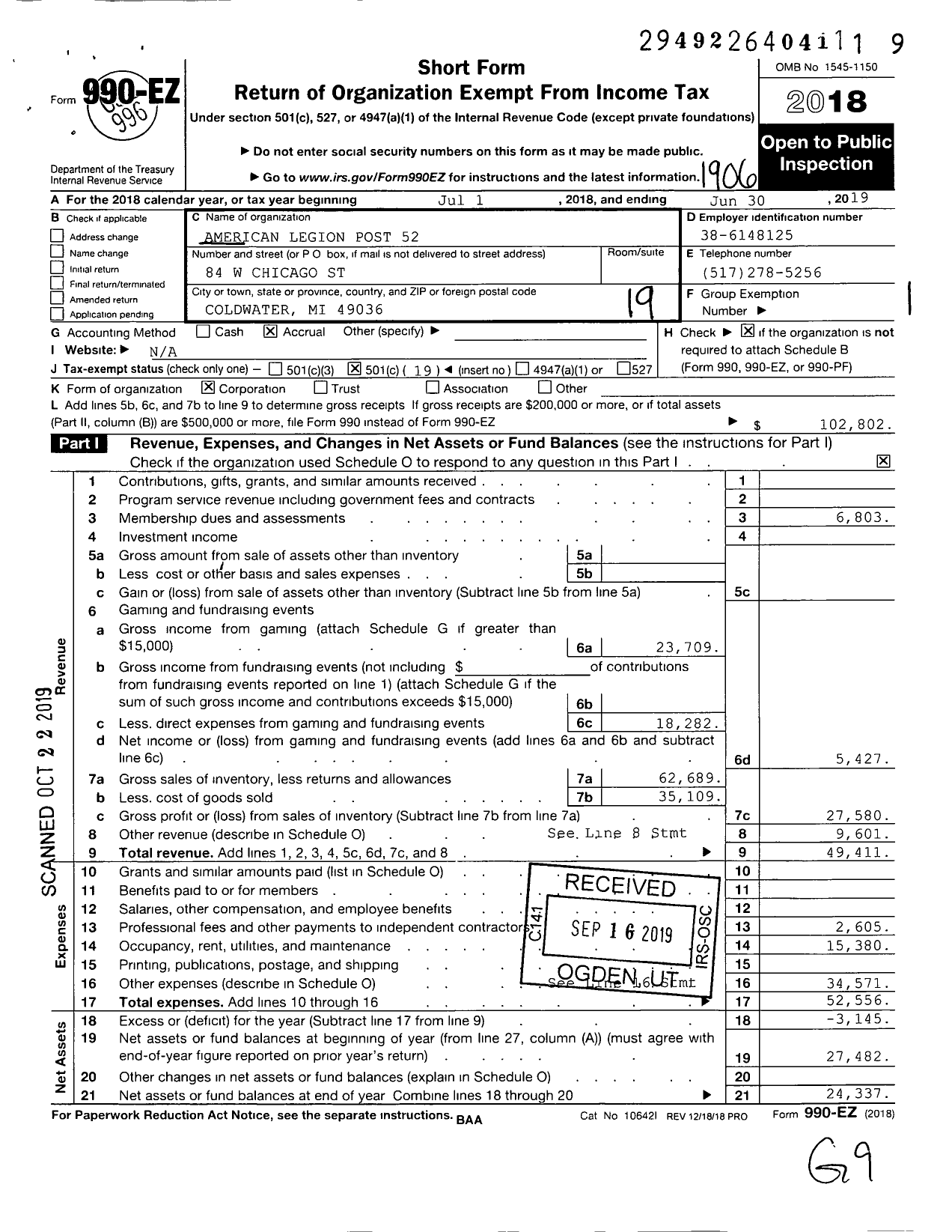 Image of first page of 2018 Form 990EO for American Legion Post 52 / 52 Coldwater