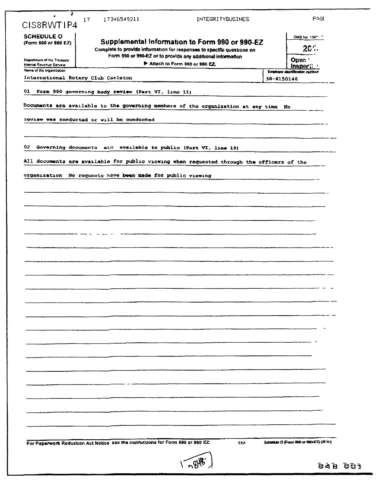 Image of first page of 2010 Form 990OR for Rotary International - Carleton Rotary Club