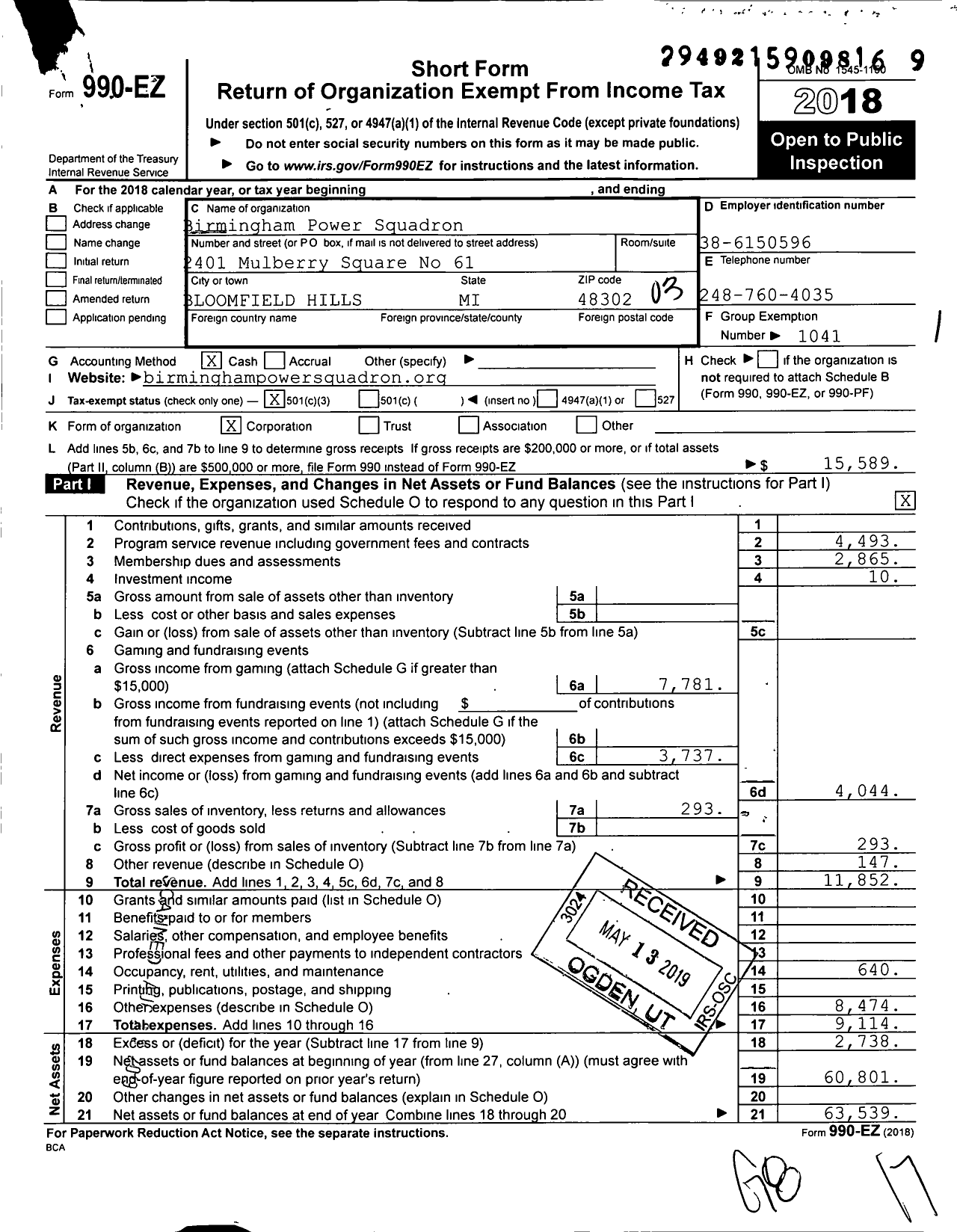 Image of first page of 2018 Form 990EZ for United States Power Squadrons - 525 Birmingham Power Squadron