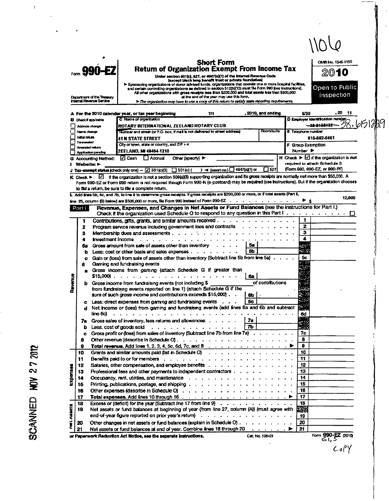 Image of first page of 2010 Form 990EZ for Rotary International - Zeeland Rotary Club