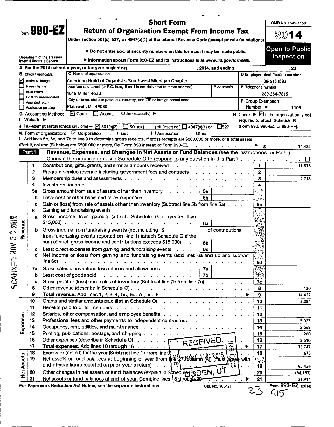 Image of first page of 2014 Form 990EZ for American Guild of Organists Ago - 541 Southwest Michigan Chapter