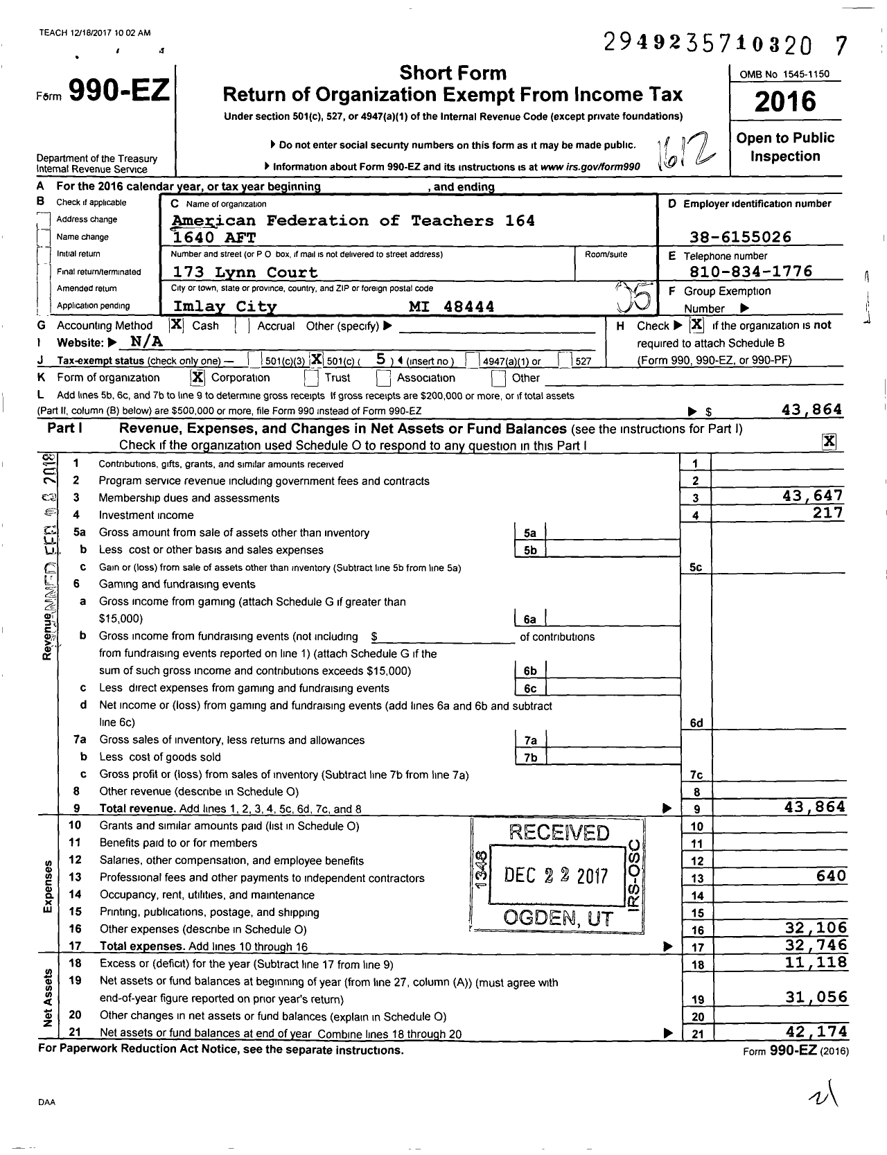 Image of first page of 2016 Form 990EO for American Federation of Teachers - 1640 Imlay City Aft