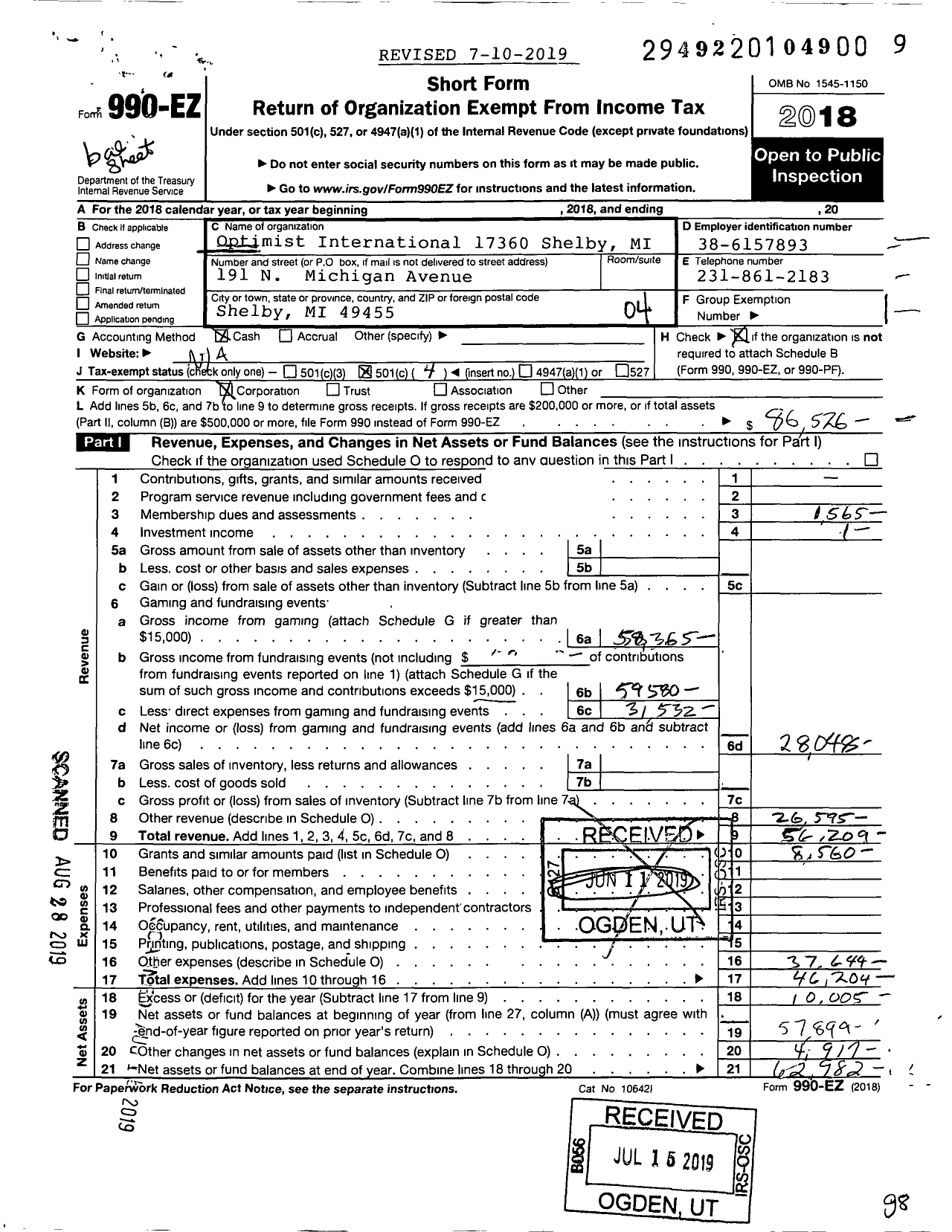 Image of first page of 2018 Form 990EO for Optimist International - 17360 Oc of Shelby Mi