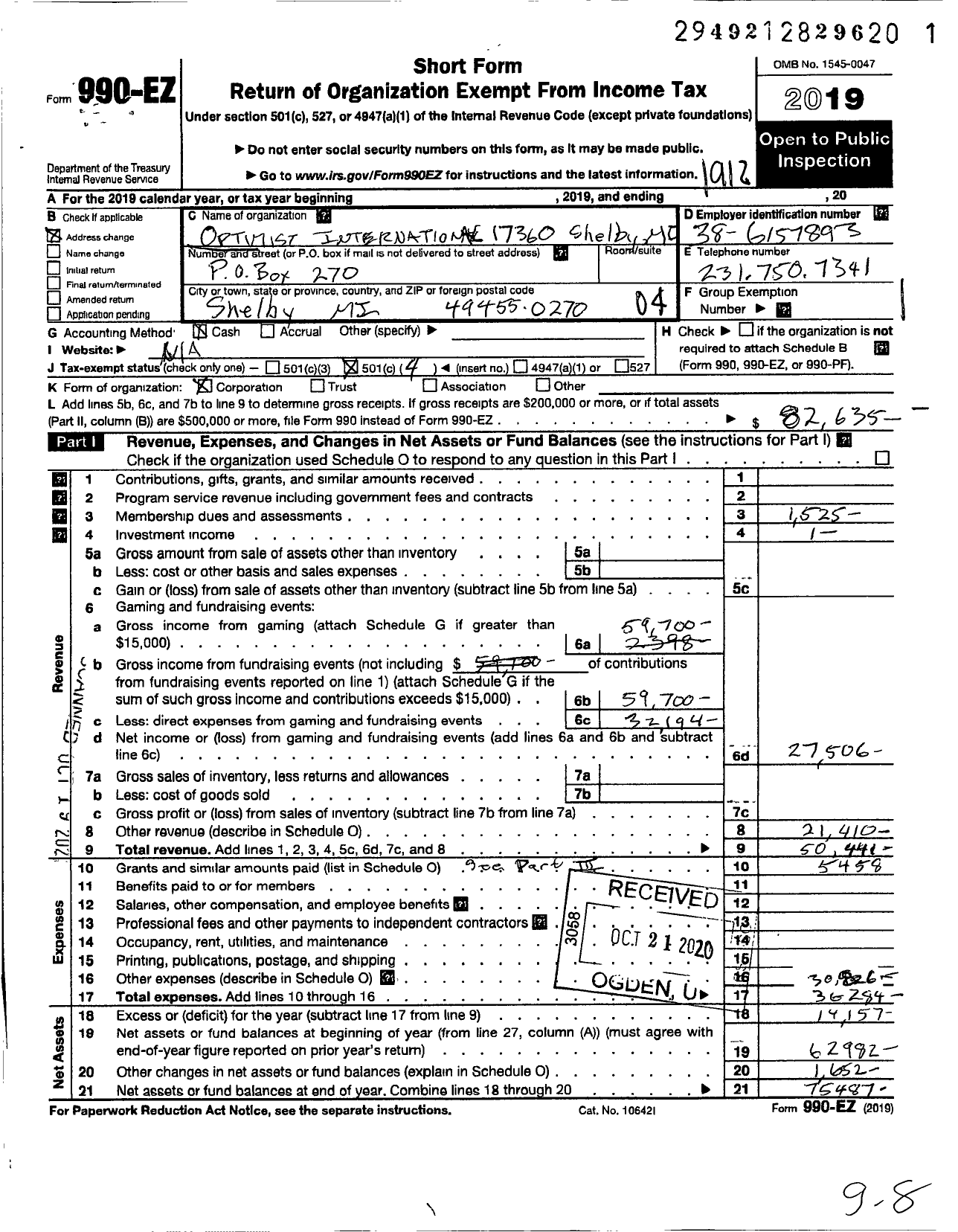 Image of first page of 2019 Form 990EO for Optimist International - 17360 Oc of Shelby Mi