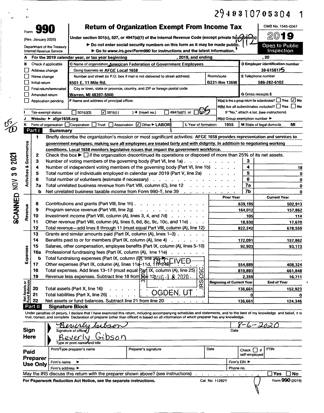 Image of first page of 2019 Form 990O for American Federation of Government Employees - AFGE Local 1658