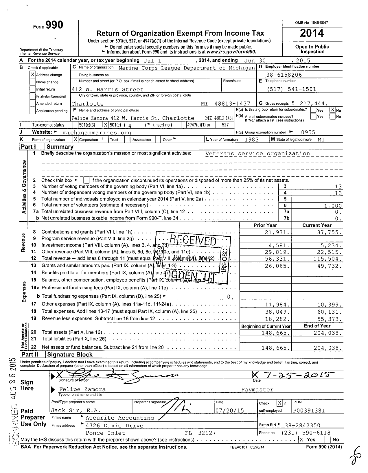Image of first page of 2014 Form 990O for Marine Corps League - Dept of Michigan MCL