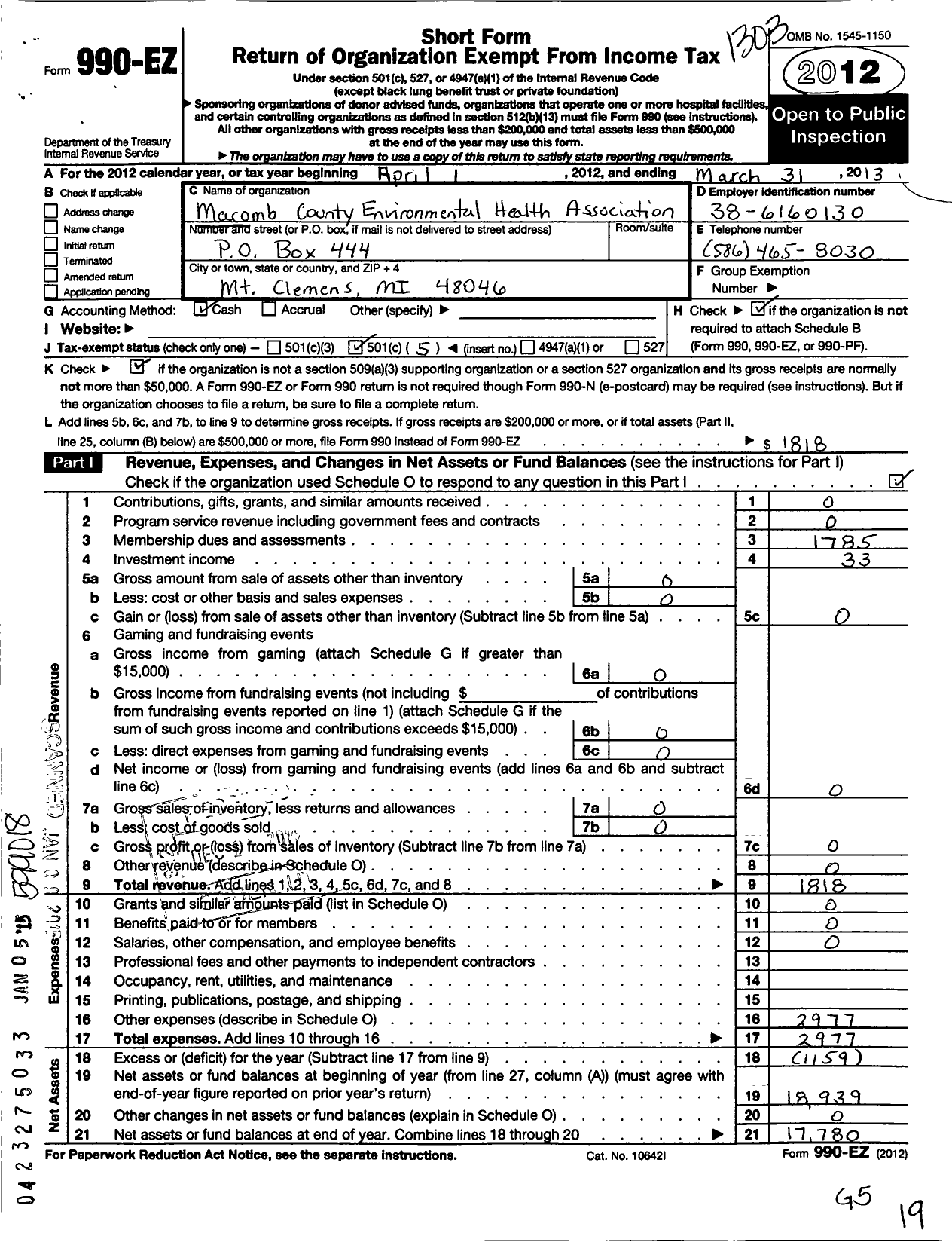 Image of first page of 2012 Form 990EO for Macomb County Environmental Health Association