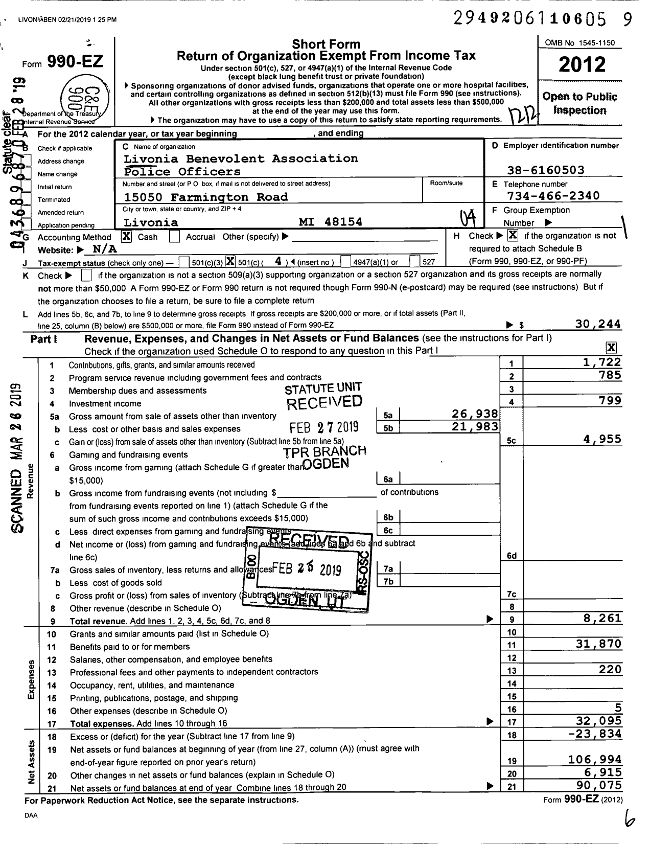 Image of first page of 2012 Form 990EO for Livonia Benevolent Association Police Officers