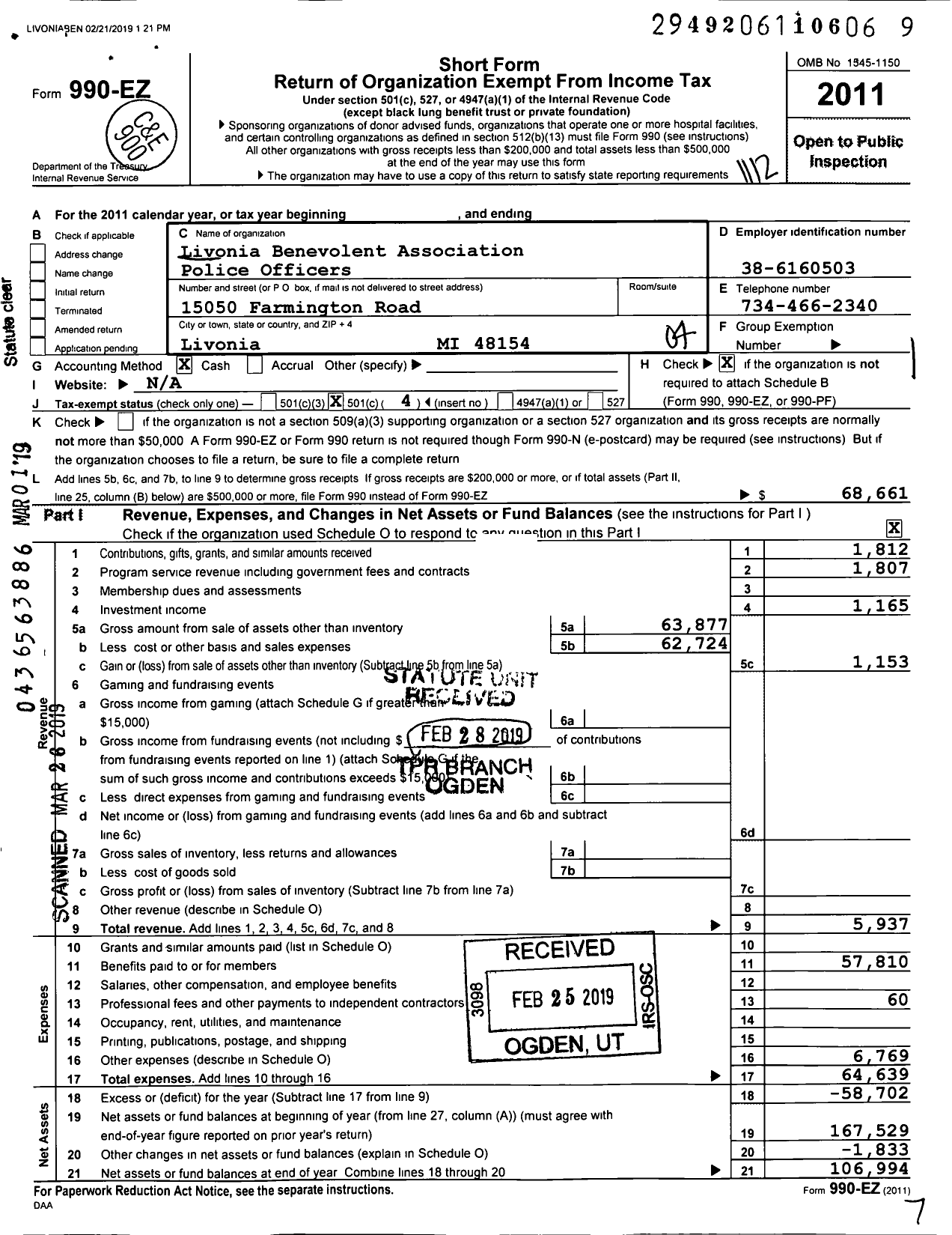 Image of first page of 2011 Form 990EO for Livonia Benevolent Association Police Officers