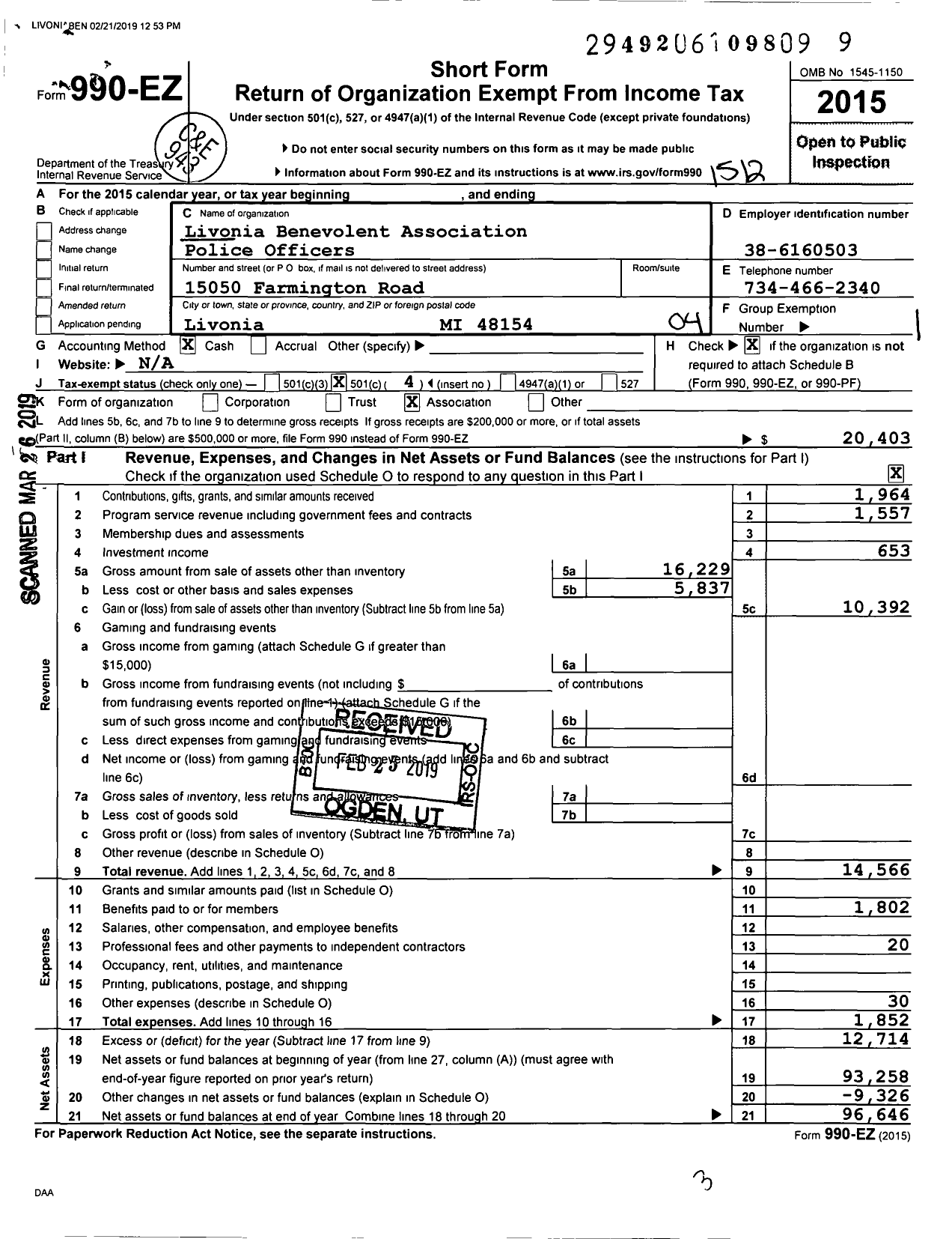 Image of first page of 2015 Form 990EO for Livonia Benevolent Association Police Officers