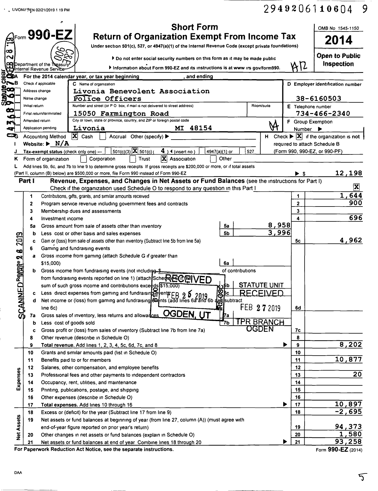 Image of first page of 2014 Form 990EO for Livonia Benevolent Association Police Officers