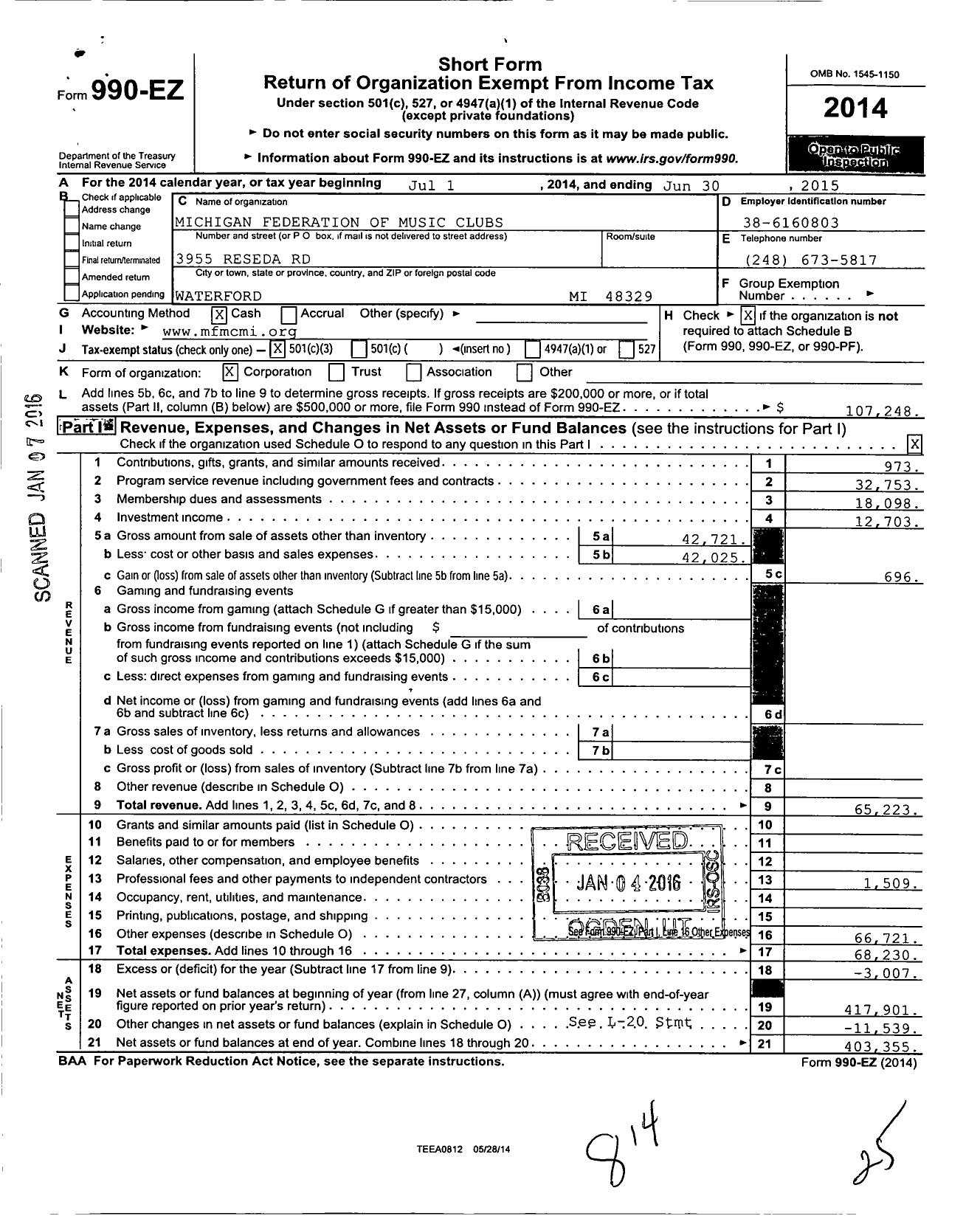 Image of first page of 2014 Form 990EZ for Michigan Federation of Music Clubs Incorporated