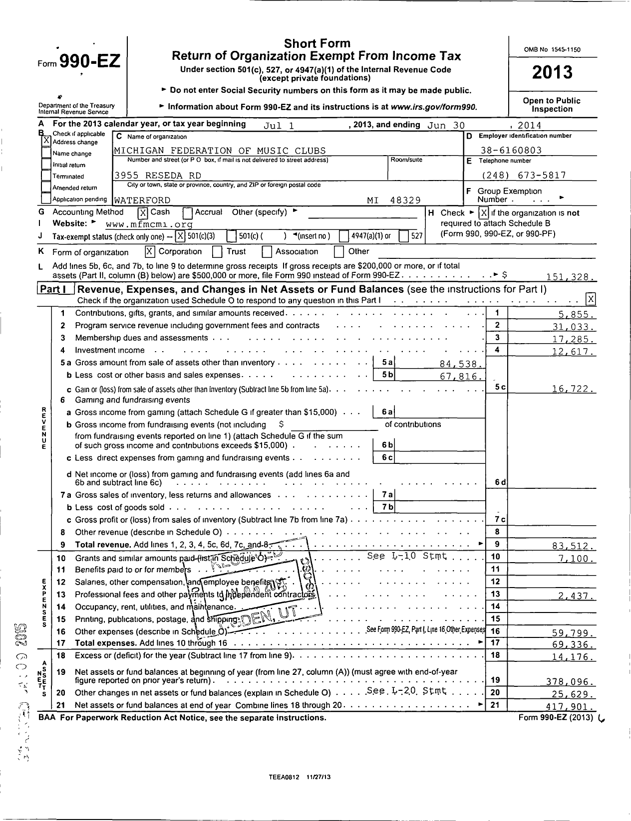 Image of first page of 2013 Form 990EZ for Michigan Federation of Music Clubs Incorporated