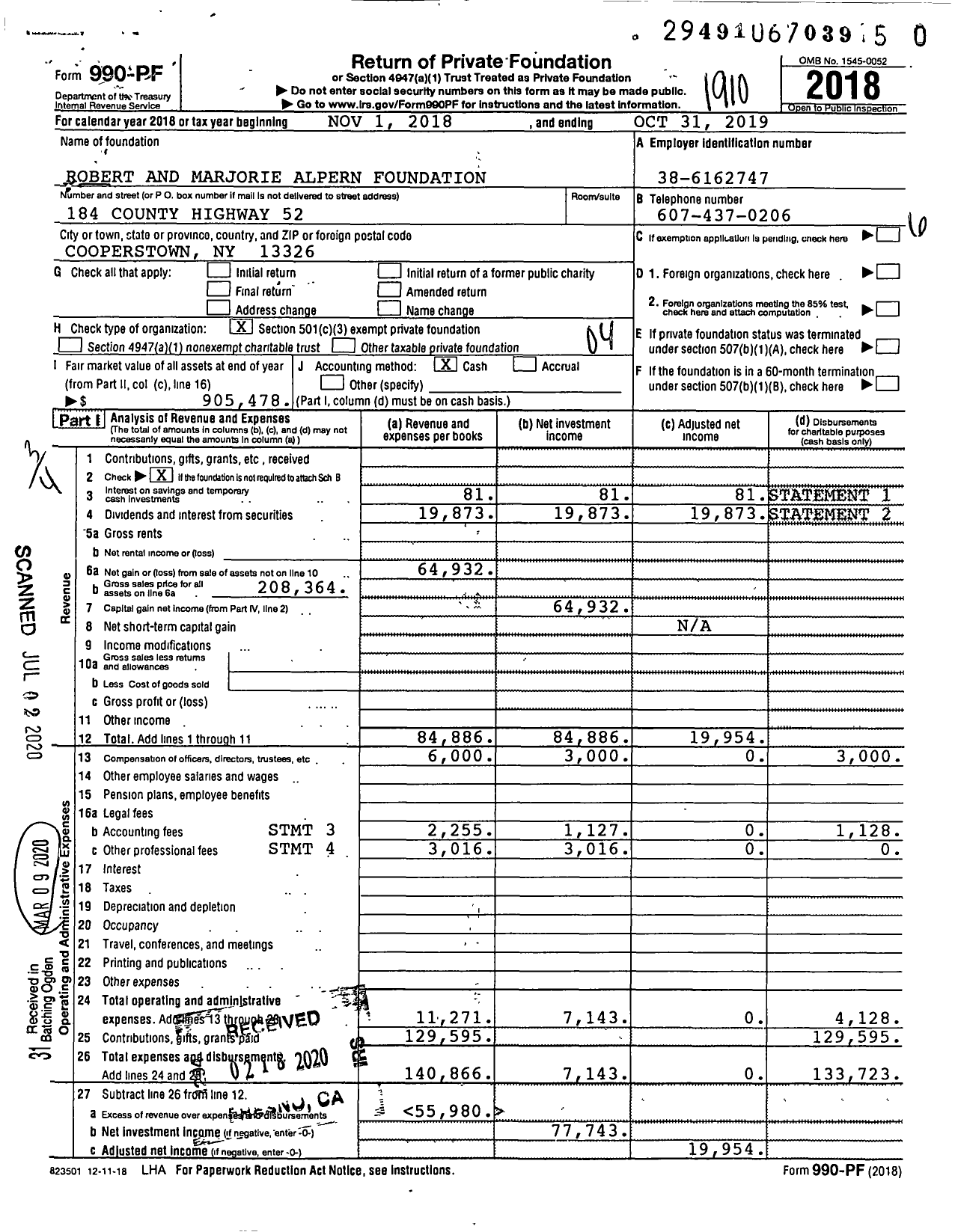 Image of first page of 2018 Form 990PR for Robert and Marjorie Alpern Foundation