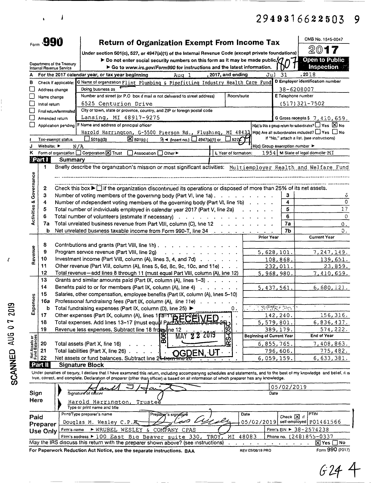 Image of first page of 2017 Form 990O for Flint Plumbing & Pipefitting Industry Health Care Fund