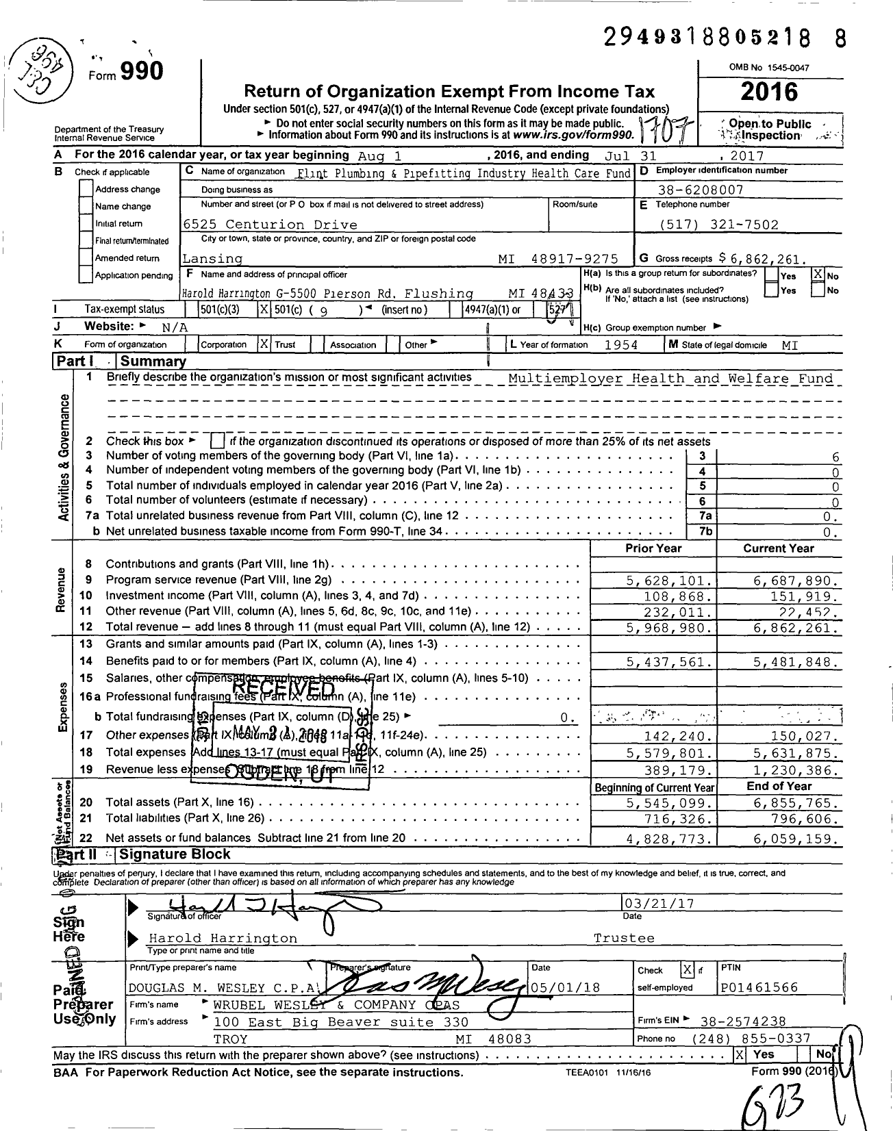 Image of first page of 2016 Form 990O for Flint Plumbing & Pipefitting Industry Health Care Fund