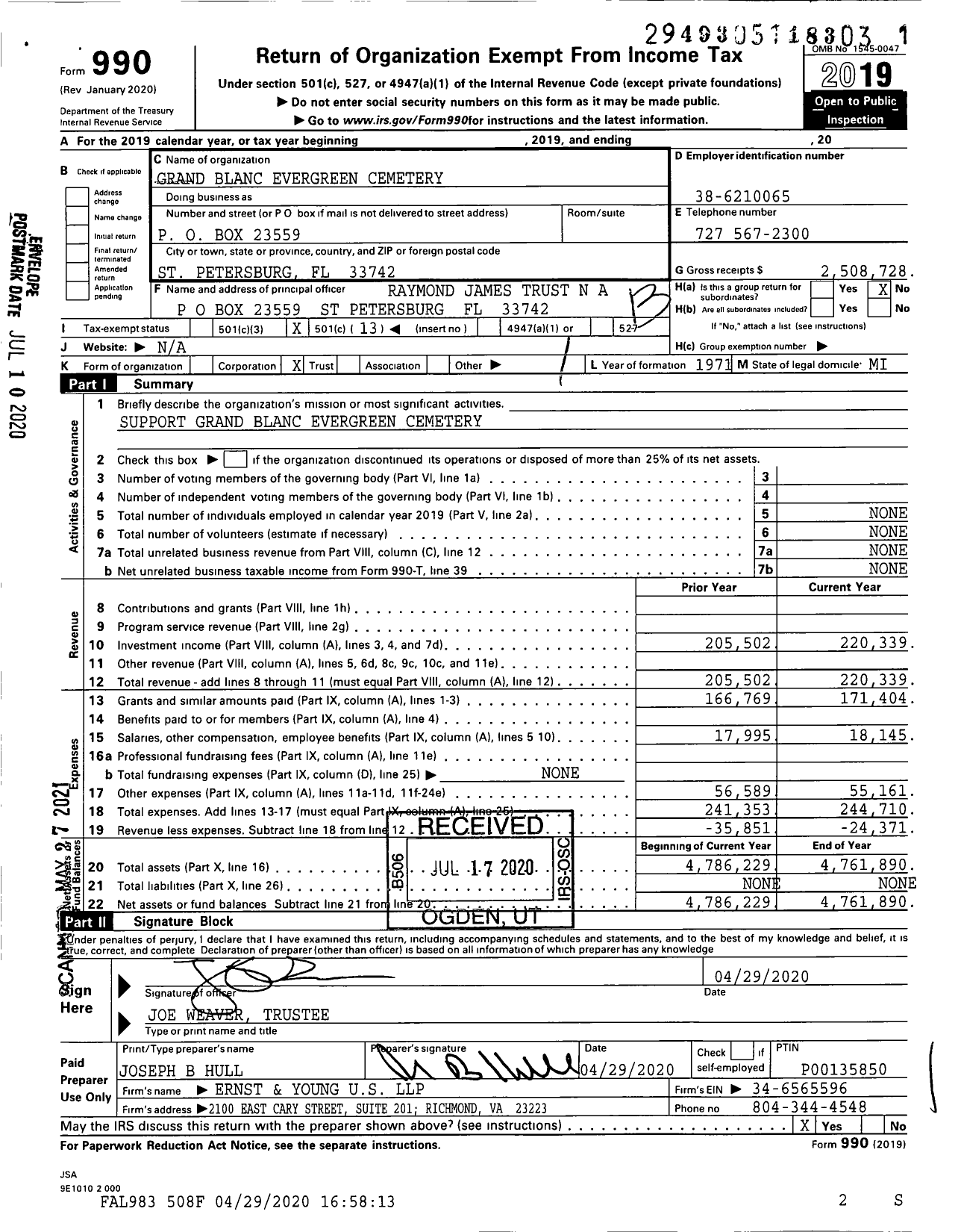 Image of first page of 2019 Form 990O for Perpetual Care and Maintenance Fund of