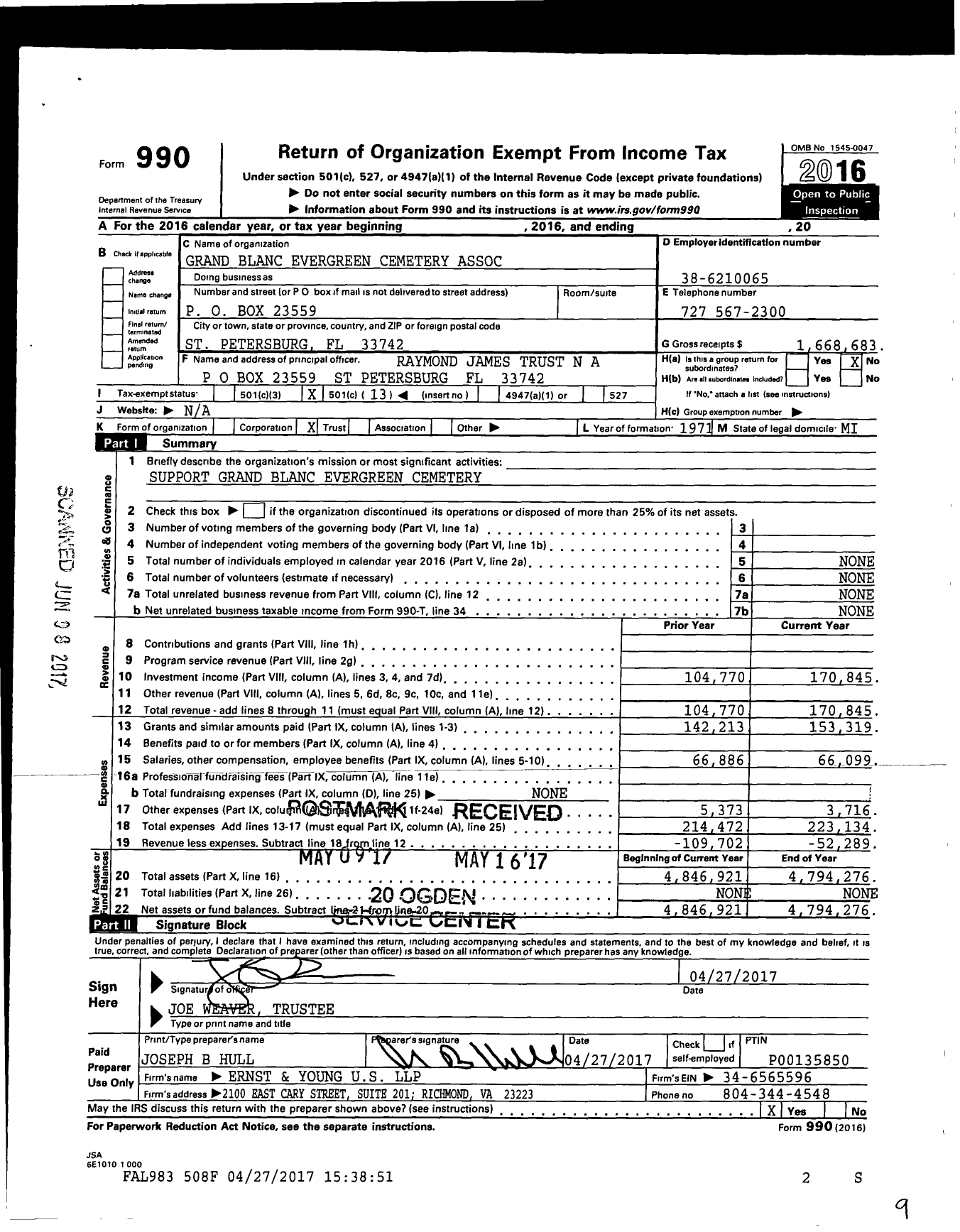 Image of first page of 2016 Form 990O for Perpetual Care and Maintenance Fund of