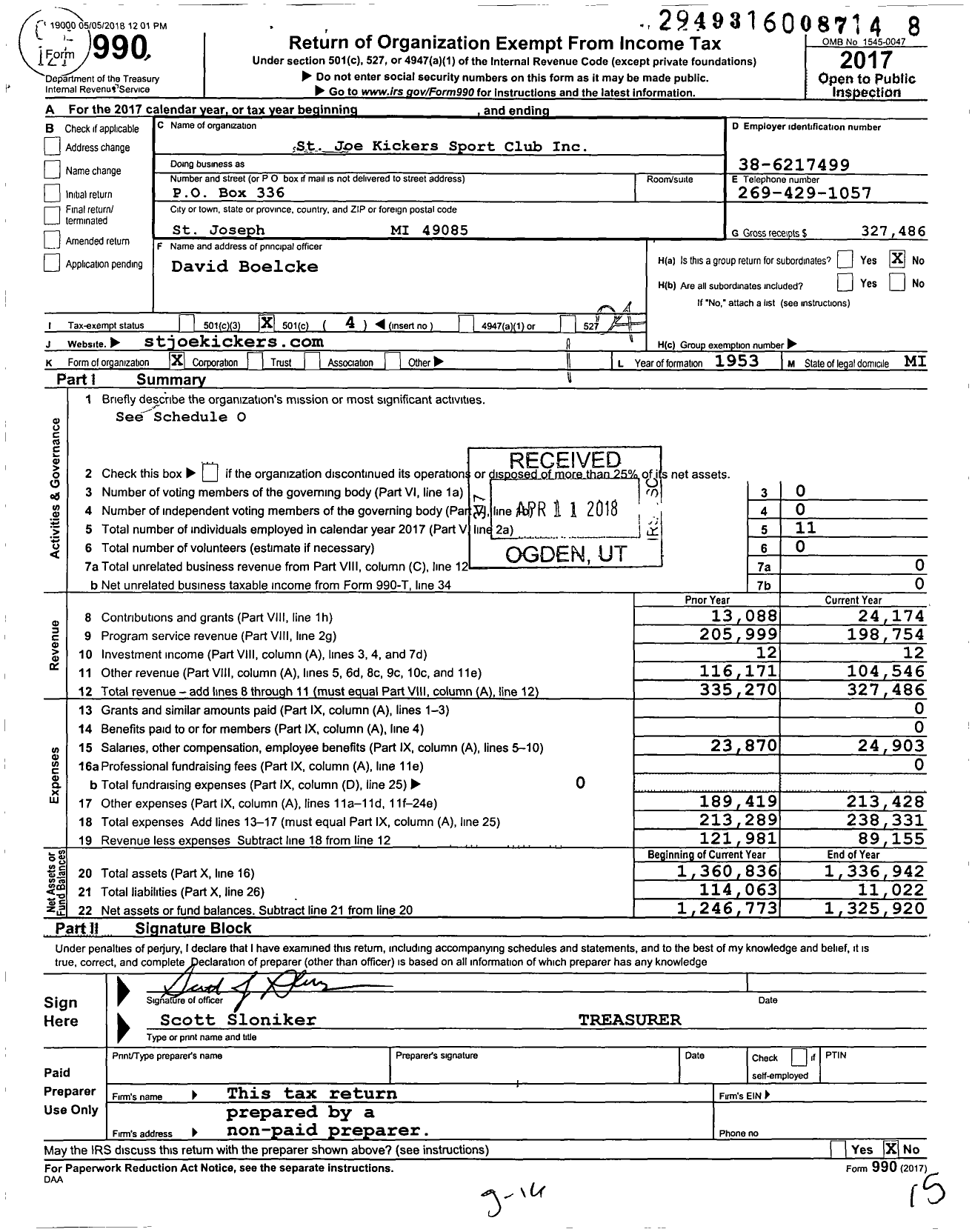 Image of first page of 2017 Form 990O for St Joe Kickers Sport Club