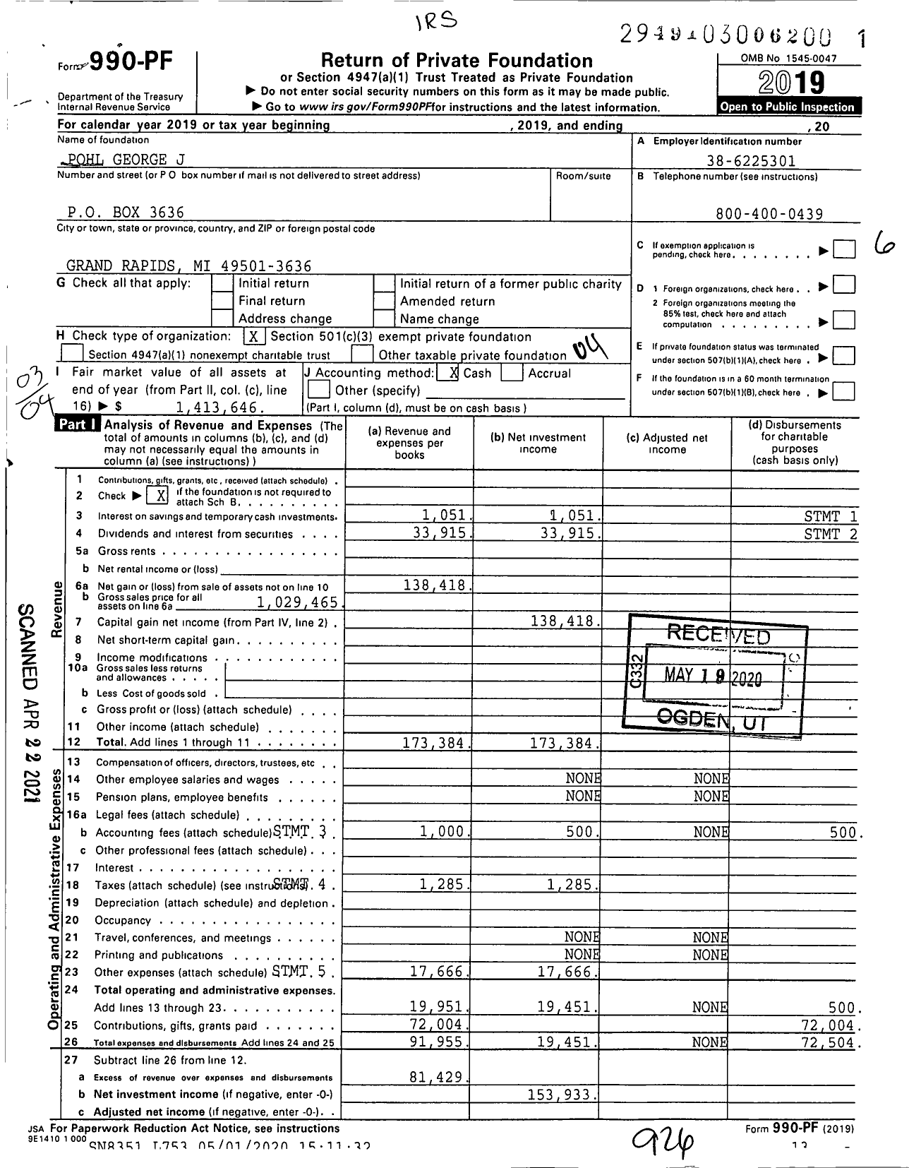 Image of first page of 2019 Form 990PF for Pohl George J