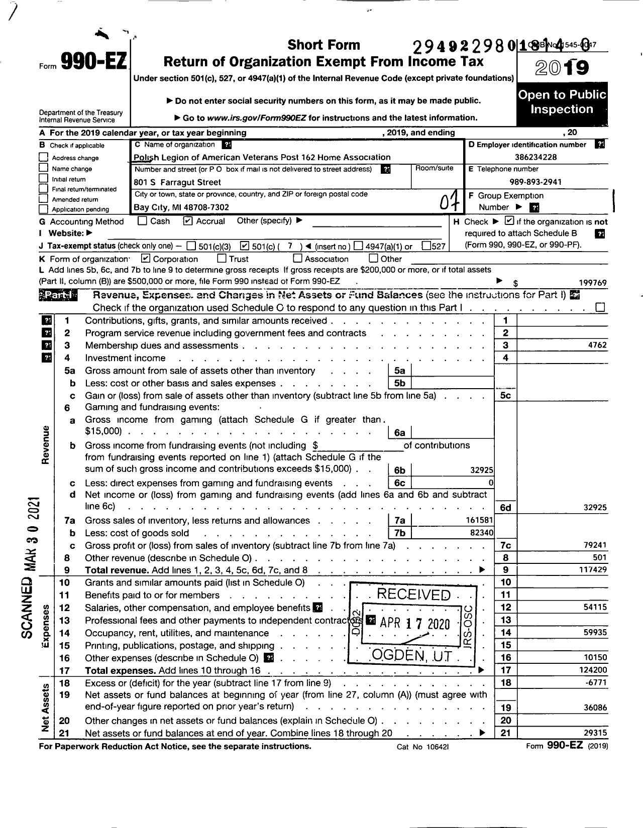 Image of first page of 2019 Form 990EO for Polish Legion of American Veterans Post 162 Home Association