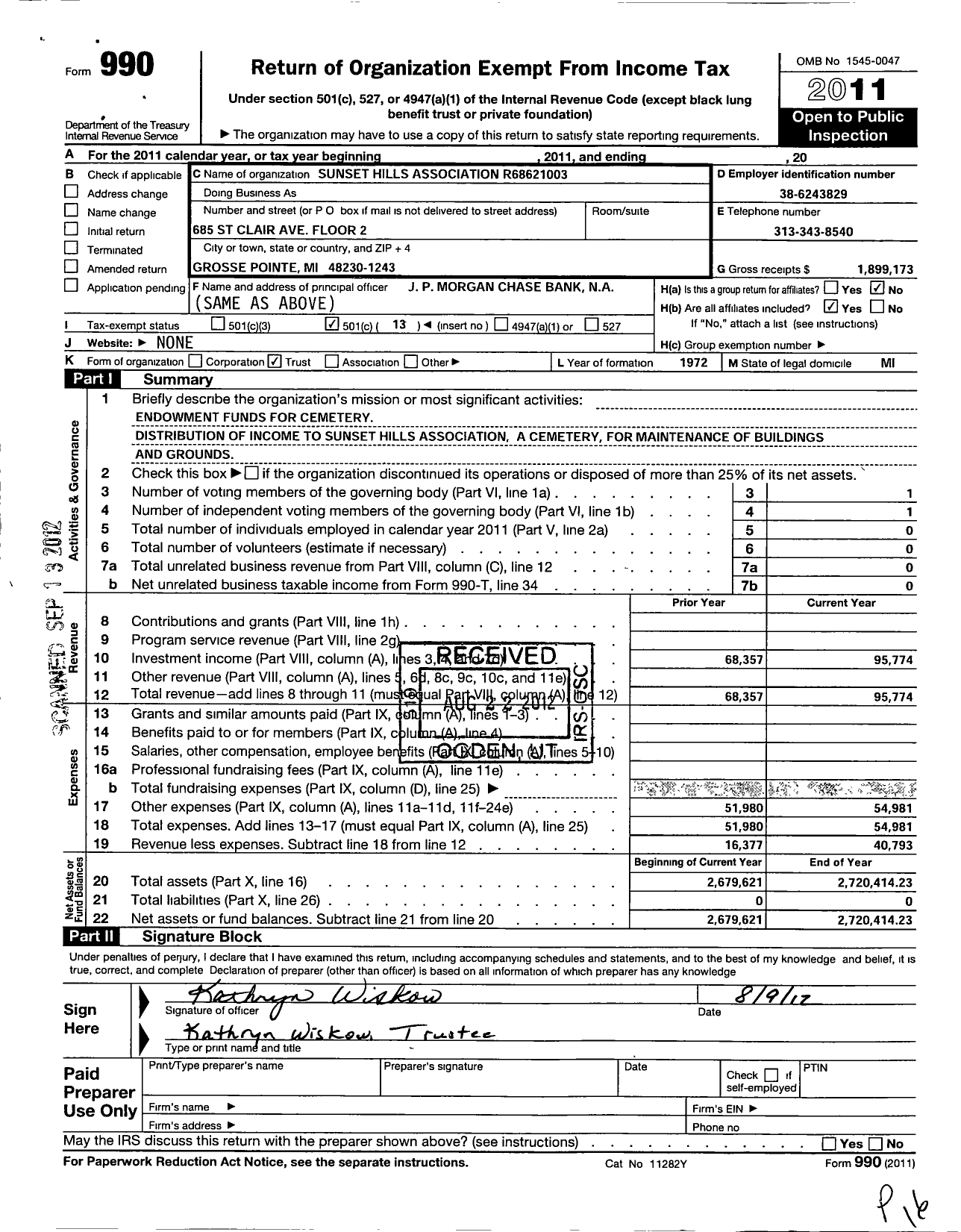 Image of first page of 2011 Form 990O for Sunset Hills Association