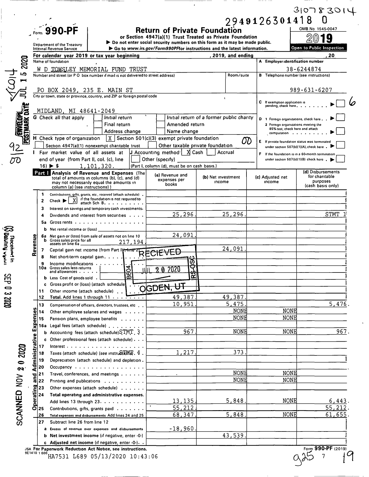 Image of first page of 2019 Form 990PF for W D Towsley Memorial Fund Trust