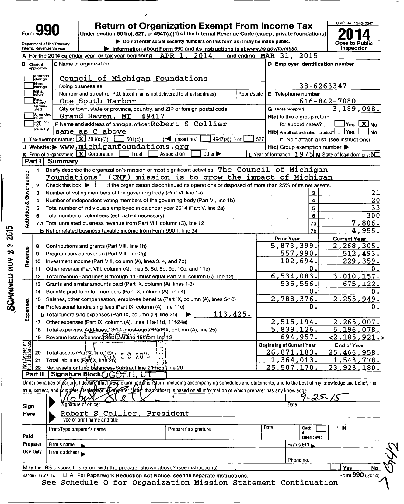 Image of first page of 2014 Form 990 for Council of Michigan Foundations