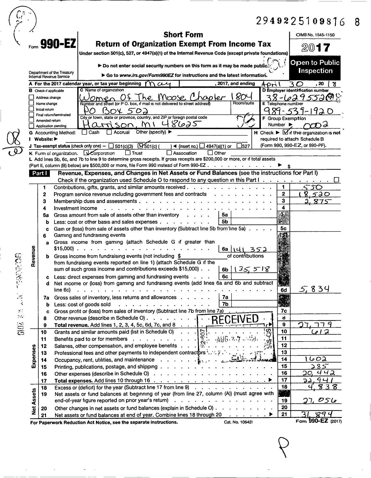 Image of first page of 2017 Form 990EO for Loyal Order of Moose - 1804