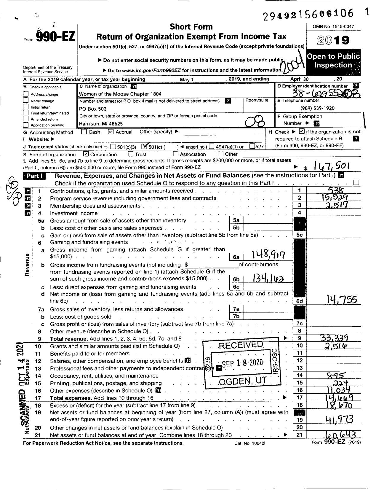 Image of first page of 2019 Form 990EO for Loyal Order of Moose - 1804