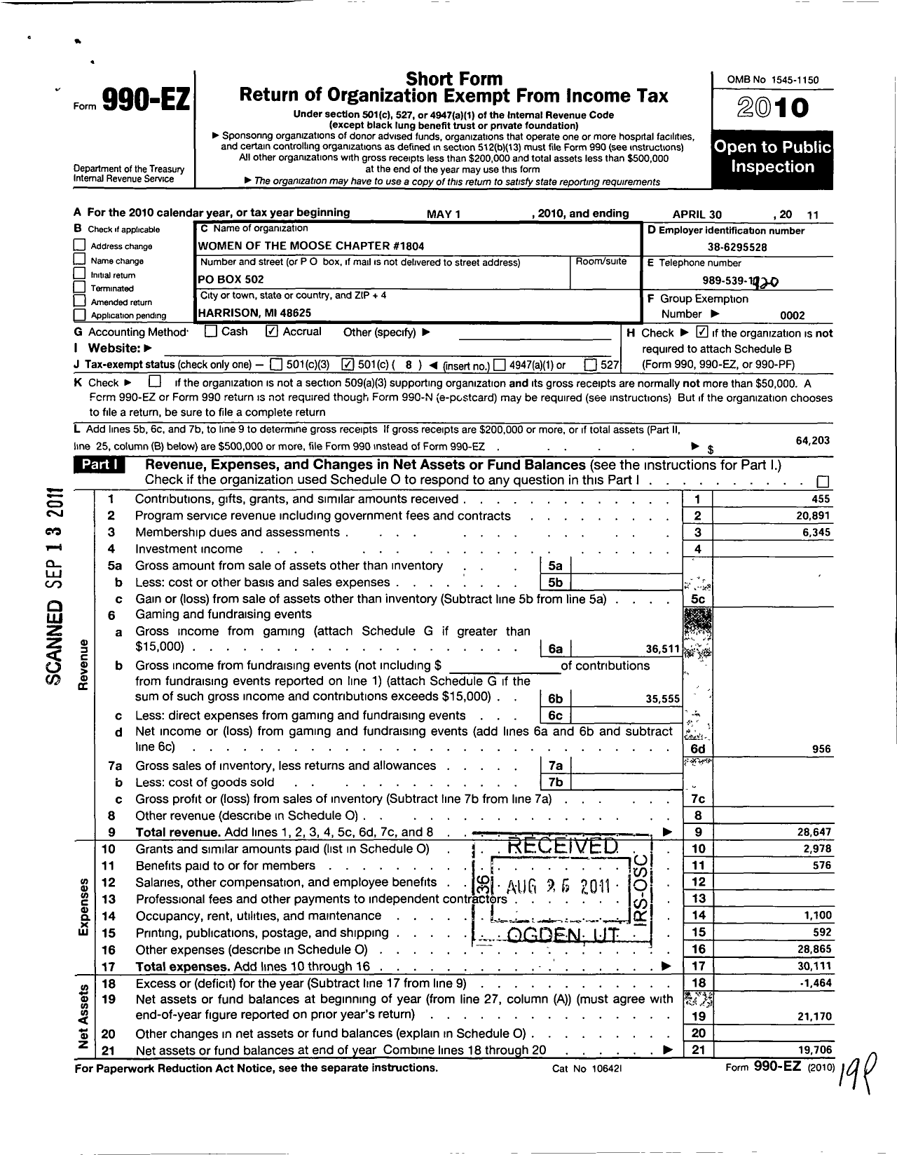 Image of first page of 2010 Form 990EO for Loyal Order of Moose - 1804