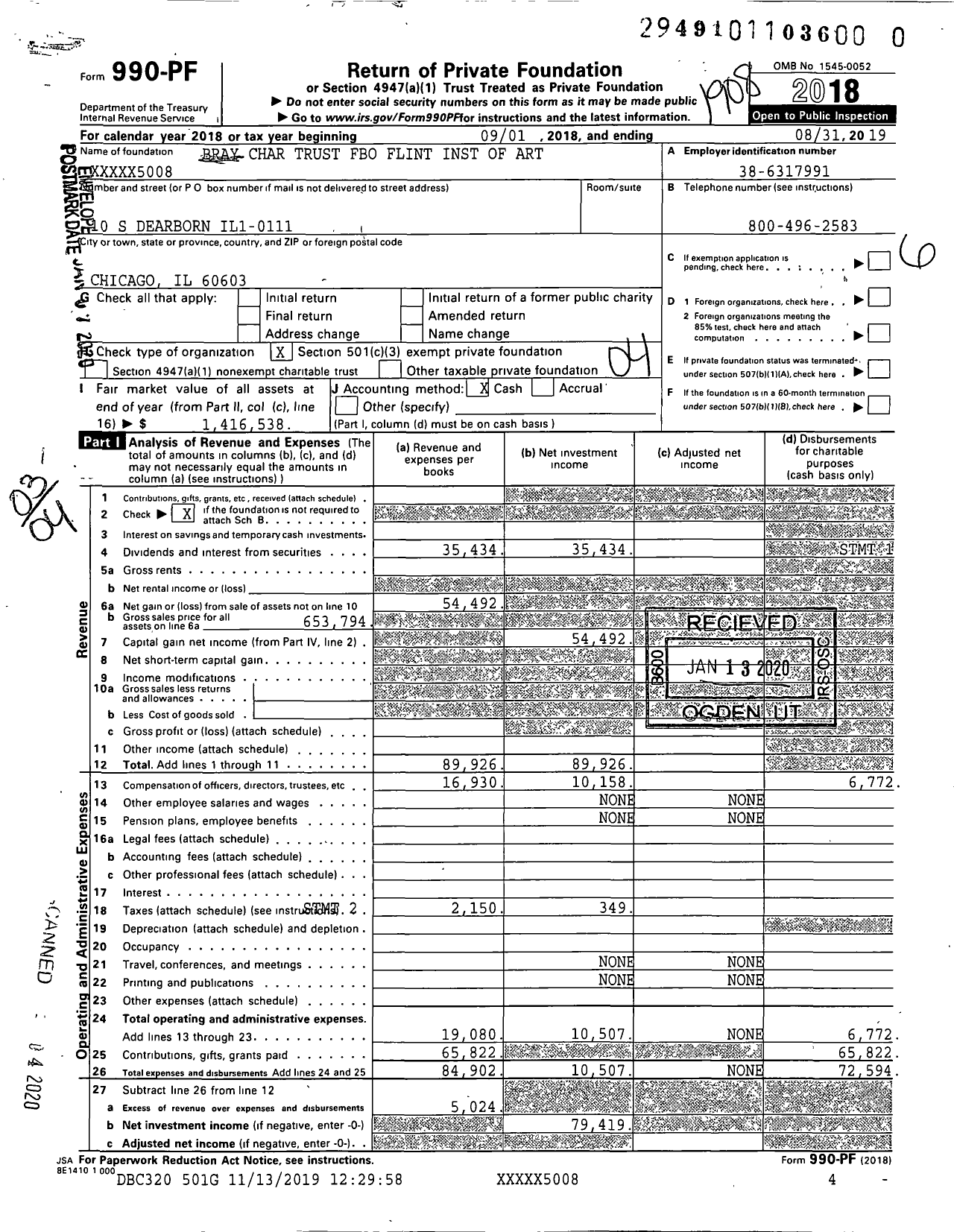 Image of first page of 2018 Form 990PR for Bray Char Trust Fbo Flint Inst of Art