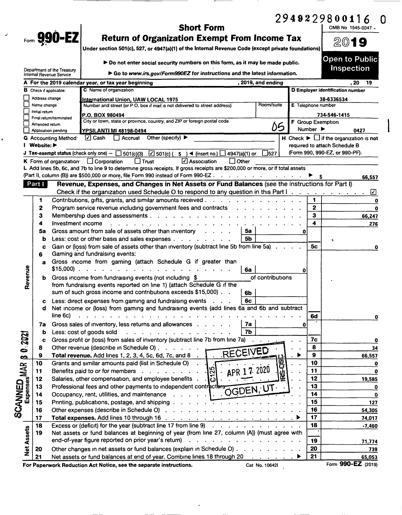 Image of first page of 2019 Form 990EO for UAW - United Auto Workers Local 1975